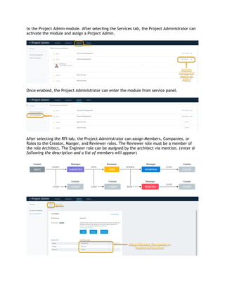 to the Project Admin module. After selecting the Services tab, the Project Administrator can
activate the module and assign a Project Admin.
Once enabled, the Project Administrator can enter the module from service panel.
After selecting the RFI tab, the Project Administrator can assign Members, Companies, or
Roles to the Creator, Manger, and Reviewer roles. The Reviewer role must be a member of
the role Architect. The Engineer role can be assigned by the architect via mention. (enter @
following the description and a list of members will appear)
 