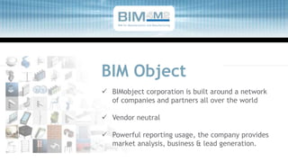 BIM Object
 BIMobject corporation is built around a network
of companies and partners all over the world
 Vendor neutral
 Powerful reporting usage, the company provides
market analysis, business & lead generation.
BIM for Manufacturers and Manufacturing
 