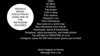 Video
40 filters
IG Direct
Tag photos
Links in Bios
Edit captions
Instagram Live
Post notifications
See posts on a world map
See interactions from friends
Hyperlapse, layout & boomerang
Straighten, adjust perspective, and rotate photos
Tap left/right for RWD/FWD on Live
Instagram saves the 300 most recent 'grams you've liked
Send imagees to friends
Message from Live
DESIGN A
BRAND
EXECUTION BY
USING ONE OF
THE
INSTAGRAM
FEATURES
 