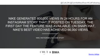 NIKE GENERATED 800,000 VIEWS IN 24 HOURS FOR AN
INSTAGRAM STORY THAT IT POSTED ON TUESDAY, THE
FIRST DAY THE FEATURE WAS AVAILABLE. ON SNAPCHAT,
NIKE'S BEST VIDEO HAS ACHIEVED 66,000 VIEWS
NIKE, INSTAGRAM LIVE CASE STUDY
Source; AdAge
x
@CultLDN @CamillaMaryRose #CultFollowing
 