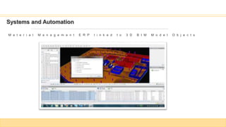 Systems and Automation
M a t e r i a l M a n a g e m e n t E R P l i n k e d t o 3 D B I M M o d e l O b j e c t s
 
