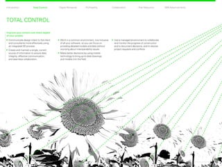 CollaborationProfitability Risk ReductionDigital RehearsalIntroduction Total Control BIM Advancements
Improve your control over every aspect
of your project.
	Communicate design intent to the client
and consultants more effectively using
an integrated 3D process
	Create and maintain a single, current
source of information to ensure data
integrity, effective communication,
and seamless collaboration
Total Control
TOTAL CONTROL
	Work in a common environment, one inclusive
of all your software, so you can focus on
providing detailed models and data without
worrying about interoperability issues
	Make better decisions by using mobile
technology to bring up-to-date drawings
and models into the field
	Use a managed environment to collaborate
and monitor the progress of construction
and to document decisions, and to resolve
project requests and conflicts
Back Next
 