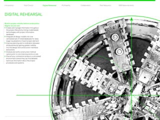 CollaborationProfitability Risk ReductionDigital RehearsalIntroduction Total Control BIM AdvancementsDigital Rehearsal
DIGITAL REHEARSAL
Build a project virtually before construction
begins, so you can:
	Create and manage information throughout
the project lifecycle by linking model-based
technologies with project information
databases
	Integrate all design models into one
centralized set of linked databases for early-
stage visualizations of each project element
	Improve planning and co-ordination between
all disciplines by gaining greater visibility
into the design and construction interfaces
and activity
	Analyze and verify construction method
options prior to commencing works on site
	Give all your contractors access to a simulated
environment where they can find detailed
technical information about the project
processes and systems
Back Next
 