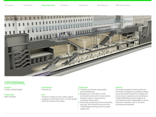 CollaborationProfitability Risk ReductionDigital RehearsalIntroduction Total Control BIM Advancements
Location
London, United Kingdom
CROSSRAIL
Project Cost
GBP 14.8 billion
Organization
Crossrail Ltd
Aim
Transform transport across London, reduce
congestion, and bring an extra 1.5 million people
within 45 minutes of the capital.
Challenges
	Creating a world class railway safely
and cost effectively.
	Building over 21 kilometers of new
twin-bored tunnels and nine new stations
beneath London in close proximity
to existing infrastructure.
	Effectively coordinating and communicating
with over 100 contractors and more than
10,000 people working across the project
supply chain.
Solution
Formulate and adopt a coherent technical
information strategy that use BIM processes
across the project lifecycle from design and
construction to operations and maintenance.
Create a BIM Advancement Academy for
contractors and other stakeholders to ensure
everyone is trained to work to the same
processes and standards.
Digital Rehearsal Back Next
 