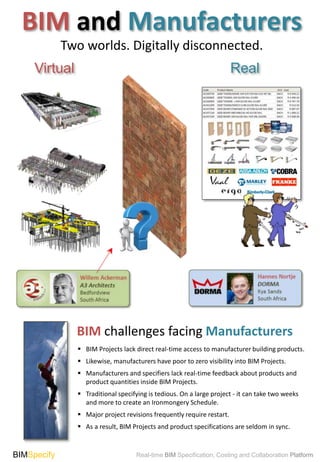  BIM Projects lack direct real-time access to manufacturer building products.
 Likewise, manufacturers have poor to zero visibility into BIM Projects.
 Manufacturers and specifiers lack real-time feedback about products and
product quantities inside BIM Projects.
 Traditional specifying is tedious. On a large project - it can take two weeks
and more to create an Ironmongery Schedule.
 Major project revisions frequently require restart.
 As a result, BIM Projects and product specifications are seldom in sync.
BIM challenges facing Manufacturers
Virtual Real
Two worlds. Digitally disconnected.
BIM and Manufacturers
BIMSpecify Real-time BIM Specification, Costing and Collaboration Platform
 