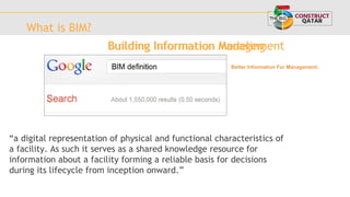 What is BIM?
“a digital representation of physical and functional characteristics of
a facility. As such it serves as a shared knowledge resource for
information about a facility forming a reliable basis for decisions
during its lifecycle from inception onward.”
Building Information ModelingBuilding Information Management
Better Information For Management.
 