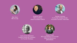 Alex Goat,
MD of Livity
Jonathan Akwue
CEO Lost Boys
Ideas Foundation & BCA
Daniele Fiandaca
Co-founder Creative Social,
Innovation Social & Token Man
Laura Jordan-Bambach
Creative Partner Mr President
Co-Founder SheSays
Nadya Powell
MD of Sunshine & Co-Founder
Millennial Mentoring
@NadsBads
 