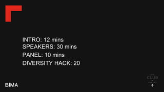 INTRO: 12 mins
SPEAKERS: 30 mins
PANEL: 10 mins
DIVERSITY HACK: 20
 