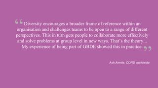 Diversity encourages a broader frame of reference within an
organisation and challenges teams to be open to a range of different
perspectives. This in turn gets people to collaborate more effectively
and solve problems at group level in new ways. That’s the theory...
My experience of being part of GBDE showed this in practice.
Ash Amrite, CORD worldwide
 