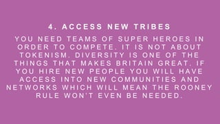 Y O U N E E D T E A M S O F S U P E R H E R O E S I N
O R D E R T O C O M P E T E . I T I S N O T A B O U T
T O K E N I S M . D I V E R S I T Y I S O N E O F T H E
T H I N G S T H A T M A K E S B R I T A I N G R E A T . I F
Y O U H I R E N E W P E O P L E Y O U W I L L H A V E
A C C E S S I N T O N E W C O M M U N I T I E S A N D
N E T W O R K S W H I C H W I L L M E A N T H E R O O N E Y
R U L E W O N ’ T E V E N B E N E E D E D .
4 . A C C E S S N E W T R I B E S
 