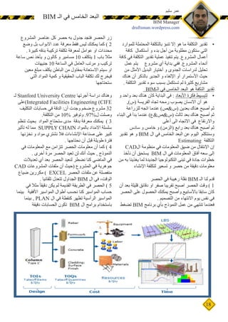 18
BIM ‫الـ‬ ‫في‬ ‫الخامس‬ ‫البعد‬
•	
‫للموارد‬ ‫المحتملة‬ ‫بالتكلفة‬ ‫تنبؤ‬ ‫إال‬ ‫هو‬ ‫ما‬ ‫التكلفة‬ ‫تقدير‬
‫كافة‬ ‫أستكمال‬ ‫و‬ ‫بدء‬ ‫أجل‬ ‫من‬ ‫مطلوبة‬ ‫ستكون‬ ‫التي‬
‫كافة‬ ‫في‬ ‫التكلفة‬ ‫تقدير‬ ‫عملية‬ ‫تنفيذ‬ ‫يتم‬ .‫المشروع‬ ‫أعمال‬
‫عمل‬ ‫يتم‬ ‫مشروع‬ ‫أي‬ ‫بداية‬ ‫ففي‬ .‫المشروع‬ ‫أنحاء‬
‫من‬ ‫األمثل‬ ‫البديل‬ ‫أختيار‬ ‫و‬ ‫الجدوى‬ ‫لدراسات‬ ‫تحليل‬
‫هناك‬ ‫أن‬ ‫بالذكر‬ ‫الجدير‬ ‫و‬ ‫اإللغاء‬ ‫أو‬ ‫األستمرار‬ ‫حيث‬
. ‫التكلفة‬ ‫تقدير‬ ‫سوء‬ ‫بسبب‬ ‫تستكمل‬ ‫لم‬ ‫كثيرة‬ ‫مشاريع‬
BIM‫الـ‬ ‫في‬ ‫الخامس‬ ‫البعد‬ ‫هو‬ ‫التكفة‬ ‫تقدير‬
•	
‫و‬ ‫واحد‬ ‫بعد‬ ‫هناك‬ ‫كان‬ ‫البداية‬ ‫في‬ : ‫األبعاد‬ ‫فكرة‬ ‫لتبسيط‬
,)‫(س‬ ‫الفريسة‬ ‫تجاه‬ ‫رمحه‬ ‫يصوب‬ ‫االنسان‬ ‫أن‬ ‫هو‬
‫للزراعة‬ ‫اتجه‬ ‫عندما‬ )‫(س&ص‬ ‫بعدين‬ ‫هناك‬ ‫أصبح‬ ‫ثم‬
‫البناء‬ ‫في‬ ‫بدأ‬ ‫عندما‬ )‫(س&ص&ع‬ ‫ثالث‬ ‫بعد‬ ‫هناك‬ ‫أصبح‬ ‫ثم‬
‫أعلى‬ ‫الى‬ ‫االتجاه‬ ‫في‬ ‫واالرتفاع‬
‫سادس‬ ‫و‬ ‫خامس‬ ‫و‬ )‫(الزمن‬ ‫رابع‬ ‫بعد‬ ‫هناك‬ ‫أصبح‬ ‫ثم‬
‫تقدير‬ ‫هو‬ ‫و‬ BIM ‫ال‬ ‫في‬ ‫الخامس‬ ‫البعد‬ ‫عن‬ ‫اليوم‬ ‫وسنتكلم‬
Estimating ‫التكلفة‬
CAD‫ال‬ ‫منظومة‬ ‫في‬ ‫المعلومات‬ ‫ضيق‬ ‫من‬ ‫اإلنتقال‬ ‫إن‬
‫نأخذ‬ ‫أن‬ ‫يستحق‬ BIM ‫ال‬ ‫في‬ ‫المعلومات‬ ‫أفاق‬ ‫سعه‬ ‫إلى‬
‫من‬ ‫به‬ ‫يغذينا‬ ‫لما‬ ‫الجديدة‬ ‫التكنولوجيا‬ ‫تبنى‬ ‫في‬ ‫جادة‬ ‫خطوات‬
‫اإلنشاء‬ ‫لتكلفة‬ ‫تسعير‬ ‫و‬ ‫حصر‬ ‫من‬ ‫دقيقة‬ ‫معلومات‬
‫الحصر‬ ‫في‬ ‫رهيبة‬ ‫نقلة‬ BIM ‫الـ‬ ‫لنا‬ ‫قدم‬
‫أن‬ ‫بعد‬ ‫قليلة‬ ‫دقائق‬ ‫او‬ ‫صفر‬ ‫تقريبا‬ ‫اصبح‬ ‫الحصر‬ ‫وقت‬ ) 1
‫الحصر‬ ‫على‬ ‫الحصول‬ ‫يمكنك‬ ‫وأصبح‬ ‫باألسابيع‬ ‫سابقا‬ ‫كان‬
. ‫التصميم‬ ‫من‬ ‫االنتهاء‬ ‫يوم‬ ‫نفس‬ ‫في‬
‫تضغط‬ BIM ‫برنامج‬ ‫بأي‬ ‫النموذج‬ ‫عمل‬ ‫من‬ ‫تنتهي‬ ‫فعندما‬
‫المشروع‬ ‫عناصر‬ ‫كل‬ ‫حصر‬ ‫به‬ ‫جدول‬ ‫فتجد‬ ‫الحصر‬ ‫زر‬
‫وضع‬ ‫بل‬ ‫االبواب‬ ‫عدد‬ ‫معرفة‬ ‫فقط‬ ‫ليس‬ ‫يمكنك‬ ‫كما‬ ) 2
. ‫كبيرة‬ ‫بدقه‬ ‫تركيبة‬ ‫تكلفة‬ ‫لمعرفة‬ ‫عوامل‬ ‫او‬ ‫محددات‬
‫ساعة‬ ‫نص‬ ‫يأخذ‬ ‫و‬ ‫كالون‬ ‫و‬ ‫مسامير‬ 10 ‫يتكلف‬ 1 ‫باب‬ ‫مثال‬
‫جنيهات‬ 10 ‫الساعة‬ ‫في‬ ‫العامل‬ ‫مرتب‬ ‫و‬ ‫تركيب‬
‫معين‬ ‫مبلغ‬ ‫يكلف‬ ‫الباطن‬ ‫من‬ ‫بمقاول‬ ‫االستعانة‬ ‫سيتم‬ ‫او‬
‫التي‬ ‫المواد‬ ‫كمية‬ ‫و‬ ‫الحقيقية‬ ‫الباب‬ ‫تكلفة‬ ‫لك‬ ‫فيخرج‬
‫ستحتاجها‬
‫لـ‬ Stanford University Centre ‫أجرتها‬ ‫دراسة‬ ‫وهناك‬
‫)على‬Integrated Facilities Engineering (CIFE
‫التكليف‬ ‫حسابات‬ ‫في‬ ‫الدقة‬ :‫أن‬ ‫وجدت‬ ‫ضخم‬ ‫مشروع‬ 32
.‫التكلفة‬ ‫من‬ 10% ‫وتوفير‬ .97%‫ل‬ ‫وصلت‬
‫تنظم‬ ‫بحيث‬ ‫المواد‬ ‫ستحتاج‬ ‫مدى‬ ‫بدقة‬ ‫معرفة‬ ‫يمكنك‬ ) 3
‫تأثير‬ ‫له‬ ‫مما‬ SUPPLY CHAIN ‫بالمواد‬ ‫االمداد‬ ‫سلسلة‬
‫نخزنها‬ ‫و‬ ‫مواد‬ ‫نشتري‬ ‫فال‬ ‫اإلنشاءات‬ ‫صناعة‬ ‫على‬ ‫كبير‬
. ‫نحتاجها‬ ‫أن‬ ‫قبل‬ ‫طويلة‬ ‫فترة‬
‫في‬ ‫المعلومات‬ ‫مع‬ ‫تتزامن‬ ‫الحصر‬ ‫معلومات‬ ‫أن‬ ‫كما‬ ) 4
. ‫أخرى‬ ‫مرة‬ ‫الحصر‬ ‫تعيد‬ ‫لن‬ ‫أنك‬ ‫حيث‬ , ‫النموذج‬
‫تعديالت‬ ‫أي‬ ‫بعد‬ ‫الحصر‬ ‫لنعيد‬ ‫نضطر‬ ‫كنا‬ ‫الماضي‬ ‫في‬
CAD ‫المشروعات‬ ‫ملفات‬ ‫أن‬ ‫(حيث‬ ‫المشروع‬ ‫في‬ ‫جوهرية‬
‫ضياع‬ ‫مكررين‬ ) EXCEL ‫الحصر‬ ‫ملفات‬ ‫عن‬ ‫منفصلة‬
. ‫تلقائيا‬ ‫تتعدل‬ ‫الجداول‬ BIM ‫ال‬ ‫في‬ ،‫الوقت‬
‫في‬ ‫مثال‬ ً‫ا‬‫دقيق‬ ‫يكن‬ ‫لم‬ ‫القديمة‬ ‫الطريقة‬ ‫في‬ ‫الحصر‬ ) 5
‫بينما‬ ‫األفقية‬ ‫المواسير‬ ‫أطوال‬ ‫نحسب‬ ‫كنا‬ ‫المواسير‬ ‫حساب‬
‫بينما‬ , PLAN ‫ال‬ ‫في‬ ‫كنقطة‬ ‫تظهر‬ ‫الرأسية‬ ‫المواسير‬
‫دقيقة‬ ‫الحسابات‬ ‫تكون‬ BIM ‫ال‬ ‫برامج‬ ‫باستخدام‬
‫سليم‬ ‫عمر‬
BIM Manager
draftsman.wordpress.com
 