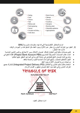 28
BIM‫ال‬ ‫مشروع‬ ‫معلومات‬ ‫تهدد‬ ‫قد‬ ‫التي‬ ‫التكنولوجية‬ ‫المخاطر‬ ‫انواع‬
‫الوقت‬ ‫و‬ ‫الجودة‬ ‫و‬ ‫المدفوعات‬ ‫مثل‬ ‫العقد‬ ‫ببنود‬ ‫االلتزام‬ ‫عدم‬ ‫خطر‬ :‫المشروع‬ ‫اطراف‬ ‫بين‬ ‫العقود‬ . 6
:‫الخطر‬ ‫هذا‬ ‫الدارة‬
• 	‫المناسبة‬ ‫التامين‬ ‫بوالص‬ ‫االعمال)و‬ ‫بسير‬ ‫االمتثال‬ ‫لضمان‬ ‫للمالك‬ ‫المقاول‬ ‫(من‬ ‫بنكية‬ ‫ضمانات‬ ‫تقديم‬
• 	‫في‬ ‫للدفع‬ ‫كقناة‬ )Project Bank Account PBA( ‫للمشاريع‬ ‫المصرفية‬ ‫الحسابات‬ ‫نظام‬ ‫انشاء‬
‫تعاقديا‬ ‫عليها‬ ‫المتفق‬ ‫المواعيد‬ ‫في‬ ‫التوريد‬ ‫سلسلة‬ ‫في‬ ‫للمقاولين‬ ‫الدفع‬ ‫لضمان‬ ‫البناء‬ ‫مشاريع‬
• 	‫بالعقد‬ ‫واضحة‬ ‫كبنود‬ ‫المناسبة‬ ‫الجزاءات‬ ‫توقيع‬ ‫و‬ ‫المحايد‬ ‫للتحكيم‬ ‫اللجوء‬
• 	‫العقد‬ ‫ببنود‬ ‫االلتزام‬ ‫لضمان‬ ‫دورية‬ ‫مراجعات‬
• 	‫جميع‬ ‫ليشترك‬ )Integrated Project Delivery IPD( ‫المتكامل‬ ‫المشروع‬ ‫تسليم‬ ‫نظام‬ ‫استخدام‬
‫االرباح‬ ‫اقتسام‬ ‫و‬ ‫تحقيق‬ ‫لضمان‬ ‫العقد‬ ‫بنود‬ ‫تنفيذ‬ ‫في‬ ‫المشروع‬ ‫اطراف‬
‫العقود‬ ‫مخاطر‬ ‫ادارة‬
 