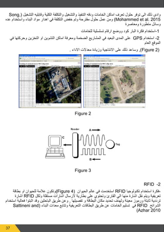 37
Song,( ‫التشغيل‬ ‫وقابليه‬ ‫الكلية‬ ‫والتكلفة‬ ‫والتشغيل‬ ‫التنفيذ‬ ‫ودقه‬ ‫الخامات‬ ‫اماكن‬ ‫تعرف‬ ‫حلول‬ ‫توفر‬ ‫الى‬ ‫ذلك‬ ‫وادى‬
‫عده‬ ‫واستخدام‬ ‫البناء‬ ‫مواد‬ ‫اهدار‬ ‫في‬ ‫التكلفة‬ ‫خفض‬ ‫وتم‬ ‫مقترحة‬ ‫حلول‬ ‫عمل‬ ‫ومن‬ )Mohammed et al. 2015
‫ومعاصرة‬ ‫متطورة‬ ‫وسائل‬
‫للخامات‬ ‫تسلسلية‬ ‫ارقام‬ ‫ووضع‬ ‫كود‬ ‫البار‬ ‫فكرة‬ ‫1-استخدام‬
‫في‬ ‫وحركتها‬ ‫التخزين‬ ‫او‬ ‫التشوين‬ ‫اماكن‬ ‫ومعرفة‬ ‫الضخمة‬ ‫المشاريع‬ ‫في‬ ‫البعيد‬ ‫المدى‬ ‫على‬ GPS ‫استخدام‬ -2
‫العام‬ ‫الموقع‬
. ‫االداء‬ ‫معدالت‬ ‫وزيادة‬ ‫االنتاجية‬ ‫على‬ ‫ذلك‬ ‫وساعد‬ ,)Figure 2(
Figure 2
Figure 3
RFID -2
‫بطاقة‬ ‫او‬ ‫للحيوان‬ ‫عالمة‬ ‫)وتكون‬Figure 4( ‫الحيوان‬ ‫عالم‬ ‫في‬ ‫استخدمت‬ RFID ‫تكنولوجيا‬ ‫استخدام‬ ‫-فكرة‬
‫اشارة‬ RFID ‫ولكل‬ ‫مستقلة‬ ‫اشارات‬ ‫الرسال‬ ‫بطارية‬ ‫على‬ ‫وتحتوي‬ ‫القارئ‬ ‫الي‬ ‫منها‬ ‫اشارة‬ ‫نقل‬ ‫ويتم‬ ‫تعريفية‬
‫استخدام‬ ‫فعالية‬ ‫اثبتوا‬ ‫وقد‬ ‫الباحثين‬ ‫طريق‬ ‫وعن‬ , ‫تفصيلها‬ ‫و‬ ‫البطاقة‬ ‫مكان‬ ‫تحديد‬ ‫ولهدف‬ ‫معينة‬ ‫ورموز‬ ‫ثابتة‬ ‫ترددية‬
Sattineni and( ‫البناء‬ ‫معدات‬ ‫وتتابع‬ ‫التعريفية‬ ‫البطاقات‬ ‫طريق‬ ‫عن‬ ‫الخامات‬ ‫تسليم‬ ‫في‬ RFID ‫الشرائح‬
)Azhar 2010
 