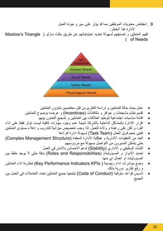 30
‫العمل‬ ‫جودة‬ ‫و‬ ‫سير‬ ‫على‬ ‫يؤثر‬ ‫قد‬ ‫مما‬ ‫الموظفين‬ ‫معنويات‬ ‫انخفاض‬ . 9
:‫الخطر‬ ‫هذا‬ ‫الدارة‬
Maslow’s Triangle ( ‫مازلو‬ ‫مثلث‬ ‫طريق‬ ‫عن‬ ‫احتياجاتهم‬ ‫تحديد‬ ‫لسهولة‬ ‫تصنيفهم‬ ‫و‬ ‫العاملين‬ ‫تقييم‬
) of Needs
• 	
‫العاملين‬ ‫بشؤون‬ ‫مختصين‬ ‫قبل‬ ‫التقاريرمن‬ ‫دراسة‬ ‫و‬ ‫للعاملين‬ ‫حالة‬ ‫بحث‬ ‫عمل‬
• 	
‫للعاملين‬ ‫بوضوح‬ ‫عرضه‬ ‫و‬ )Incentives( ‫مكافائات‬ ‫و‬ ‫حوافز‬ ‫و‬ ‫مشجعات‬ ‫نظام‬ ‫تقديم‬
• 	
‫بينهم‬ ‫التعاون‬ ‫تشجيع‬ ‫و‬ ‫العاملين‬ ‫بين‬ ‫العالقات‬ ‫لتوطيد‬ ‫اجتماعية‬ ‫مناسبات‬ ‫اقامة‬
• 	
‫اداء‬ ‫على‬ ‫فقط‬ ‫تؤثر‬ ‫ليست‬ ‫كافية‬ ‫مهارات‬ ‫وجود‬ ‫عدم‬ ‫نتيجة‬ ‫بالشركة‬ ‫الداخلية‬ ‫بالمشاكل‬ ‫االدارة‬ ‫اقرار‬
‫العاملين‬ ‫مستوى‬ ‫إعالء‬ ‫و‬ ‫للتدريب‬ ‫ميزانية‬ ‫تخصيص‬ ‫وجب‬ ‫لذا‬ .‫للعمل‬ ‫والئه‬ ‫و‬ ‫رغبته‬ ‫على‬ ‫لكن‬ ‫و‬ ‫الفرد‬
• 	
‫افرادها‬ ‫ادارة‬ ‫لسهولة‬ )Task Team( ‫العمل‬ ‫فرق‬ ‫حجم‬ ‫تقنين‬
• 	
)Complex Management Structure( ‫المعقدة‬ ‫االدارة‬ ‫هيكلية‬ ‫و‬ ‫االدارية‬ ‫التعقيدات‬ ‫من‬ ‫الحد‬
‫مرؤوسيهم‬ ‫مع‬ ‫بسهولة‬ ‫التواصل‬ ‫من‬ ‫المديرون‬ ‫يتمكن‬ ‫حتى‬
• 	
‫العمل‬ ‫في‬ ‫باالمان‬ ‫االحساس‬ ‫لدعم‬ )Stability( ‫االداري‬ ‫و‬ ‫الوظيفي‬ ‫الثبات‬
• 	
‫بين‬ ‫خلط‬ ‫يوجد‬ ‫ال‬ ‫حتى‬ ‫بدقة‬ )Roles and Responsibilities( ‫المسؤوليات‬ ‫و‬ ‫االدوار‬ ‫تحديد‬
‫منها‬ ‫اي‬ ‫اهمال‬ ‫او‬ ‫المسؤوليات‬
• 	
‫العاملين‬ ‫اداء‬ ‫لمقارنة‬ )Key Performance Indicators KPIs ( ‫رئيىسية‬ ‫اداء‬ ‫مؤشرات‬ ‫وضع‬
‫بذلك‬ ‫دورية‬ ‫تقارير‬ ‫رفع‬ ‫و‬
• 	
‫بين‬ ‫العمل‬ ‫في‬ ‫التعامالت‬ ‫تحدد‬ ‫العاملين‬ ‫جميع‬ ‫ليتبعها‬ )Code of Conduct( ‫سلوكية‬ ‫قواعد‬ ‫تأسيس‬
‫الجميع‬
 