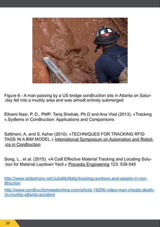 39
Figure 6 - A man passing by a US bridge construction site in Atlanta on Satur-
.day fell into a muddy area and was almost entirely submerged
Elhami Nasr, P. D., PMP; Tariq Shehab, Ph.D and Ana Vlad (2013). «Tracking
».Systems in Construction: Applications and Comparisons
	
Sattineni, A. and S. Azhar (2010). «TECHNIQUES FOR TRACKING RFID
TAGS IN A BIM MODEL.» International Symposium on Automation and Robot-
.ics in Construction
	
Song, L., et al. (2015). «A Cost Effective Material Tracking and Locating Solu-
.tion for Material Laydown Yard.» Procedia Engineering 123: 538-545
	
http://www.slideshare.net/JuliaMcNally/tracking-workers-and-assets-in-con�
struction
http://www.constructionweekonline.com/article-16206-video-man-cheats-death-
/in-muddy-atlanta-accident
 