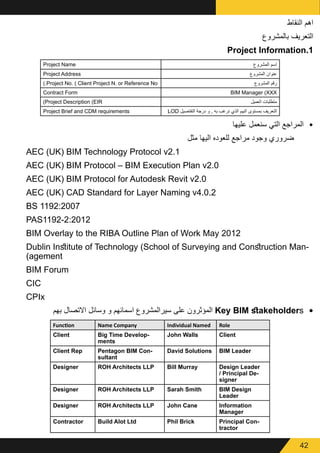 42
‫النقاط‬ ‫اهم‬
‫بالمشروع‬ ‫التعريف‬
Project Information.1
Project Name ‫المشروع‬ ‫اسم‬
Project Address ‫المشروع‬ ‫عنوان‬
).Project No. ( Client Project N. or Reference No ‫المشروع‬ ‫رقم‬
Contract Form BIM Manager (XXX
)Project Description (EIR ‫العميل‬ ‫متطلبات‬
Project Brief and CDM requirements LOD ‫التفاصيل‬ ‫درجة‬ ‫و‬ , ‫به‬ ‫نرغب‬ ‫الذي‬ ‫البيم‬ ‫بمستوى‬ ‫التعريف‬
•	
‫عليها‬ ‫سنعمل‬ ‫التي‬ ‫المراجع‬
‫مثل‬ ‫اليها‬ ‫للعوده‬ ‫مراجع‬ ‫وجود‬ ‫ضروري‬ 	
AEC (UK) BIM Technology Protocol v2.1
AEC (UK) BIM Protocol – BIM Execution Plan v2.0
AEC (UK) BIM Protocol for Autodesk Revit v2.0
AEC (UK) CAD Standard for Layer Naming v4.0.2
BS 1192:2007
PAS1192-2:2012
BIM Overlay to the RIBA Outline Plan of Work May 2012
Dublin Institute of Technology (School of Surveying and Construction Man-
)agement
BIM Forum
CIC
CPIx
•	
‫بهم‬ ‫االتصال‬ ‫وسائل‬ ‫و‬ ‫اسمائهم‬ ‫سيرالمشروع‬ ‫على‬ ‫المؤثرون‬ Key BIM stakeholders
Function Name Company Individual Named Role
Client Big Time Develop-
ments
John Walls Client
Client Rep Pentagon BIM Con-
sultant
David Solutions BIM Leader
Designer ROH Architects LLP Bill Murray Design Leader
/ Principal De-
signer
Designer ROH Architects LLP Sarah Smith BIM Design
Leader
Designer ROH Architects LLP John Cane Information
Manager
Contractor Build Alot Ltd Phil Brick Principal Con-
tractor
 