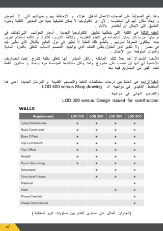 47
‫تعوض‬ ‫ال‬ ‫التي‬ ‫بخبراتهم‬ ‫و‬ ‫بهم‬ ‫اإلحتفاظ‬ ‫و‬ ‫هؤالء‬ ‫لتأهيل‬ ‫االعمال‬ ‫أصحاب‬ ‫على‬ ‫المسؤلية‬ ‫تقع‬ ‫وهنا‬
‫وخبرة‬ ‫التقنية‬ ‫المعايير‬ ‫عن‬ ‫بعيدا‬ ‫تطبيقها‬ ‫يمكن‬ ‫ال‬ ‫تكنولوجيا‬ ‫إى‬ ‫ألن‬ , ‫المنظومه‬ ‫في‬ ‫لهم‬ ‫مكان‬ ‫إيجاد‬ ‫و‬
. ‫باأليام‬ ‫ختصر‬ُ‫ت‬ ‫ان‬ ‫اليمكن‬ ‫التي‬ ‫التطبيق‬
‫في‬ ‫تختلف‬ ‫التي‬ ‫الحواسب‬ ‫أسعار‬ , ‫الجديدة‬ ‫التكنولوجيا‬ ‫تطبيق‬ ‫يتطلبها‬ ‫التي‬ ‫الكلفة‬ ‫هى‬ ‫الثالثة‬ ‫العقبه‬
‫اخرين‬ ‫إستقدام‬ ‫تكلفه‬ ‫أو‬ ‫لألفراد‬ ‫التدريب‬ ‫وتكلفة‬ , ‫التقليدية‬ ‫النظم‬ ‫في‬ ‫أستخدامه‬ ‫يمكن‬ ‫كان‬ ‫ما‬ ‫عن‬ ‫نوعيتها‬
‫فيه‬ ‫تظهر‬ ‫الذى‬ ‫بالشكل‬ ‫الخليج‬ ‫دول‬ ‫في‬ ‫تظهر‬ ‫ال‬ ‫العقبة‬ ‫تلك‬ ‫بالطبع‬ , ‫لندرتهم‬ ‫المعرفة‬ ‫يملكون‬ ‫جدد‬
‫المادية‬ ‫بالقدرة‬ ‫تتعلق‬ ‫ألسباب‬ ‫المصمم‬ ‫يواجهه‬ ‫الذي‬ ‫العنف‬ ‫بنفس‬ ‫المقاول‬ ‫لدى‬ ‫تظهر‬ ‫وال‬ , ‫مصر‬ ‫فى‬
. ‫األعمال‬ ‫من‬ ‫المتوقعة‬ ‫والعوائد‬
‫المصاريف‬ ‫تحت‬ ‫تندرج‬ ‫بكلفة‬ ‫تتعلق‬ ‫أنها‬ ‫المبشر‬ ‫ولكن‬ , ‫المشكله‬ ‫لتلك‬ ‫حال‬ ‫أجد‬ ‫ال‬ ‫الشديد‬ ‫لألسف‬
‫نافعة‬ ‫ستكون‬ ‫و‬ ‫واحدة‬ ‫مرة‬ ‫المؤسسة‬ ‫ستتكبدها‬ ‫ولكن‬ ‫واحد‬ ‫مشروع‬ ‫على‬ ‫تحسب‬ ‫لن‬ ‫انها‬ ‫أي‬ ‫األساسية‬
. ‫بعد‬ ‫فيما‬ ‫المشاريع‬ ‫من‬ ‫كبير‬ ‫لعدد‬
‫هنا‬ ‫أعني‬ ‫الجديدة‬ ‫المراحل‬ ‫و‬ ‫القديمة‬ ‫والتصميم‬ ‫التنفيذ‬ ‫مخططات‬ ‫درجات‬ ‫بين‬ ‫الخلط‬ ‫هي‬ ‫الرابعه‬ ‫العقية‬
LOD 400 versus Shop drawing ‫ال‬ ‫مواجهة‬ ‫في‬ ‫التنفيذي‬ ‫المخطط‬
‫مواجهة‬ ‫في‬ ‫النهائي‬ ‫والتصميم‬
LOD 300 versus Design issued for construction
) ‫المختلفة‬ ‫البيم‬ ‫مستويات‬ ‫بين‬ ‫التقدم‬ ‫مستوى‬ ‫على‬ ‫كمثال‬ ‫(الجدران‬
 