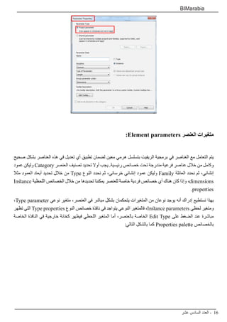 ‫عشر‬ ‫السادس‬ ‫العدد‬ - 16
BIMarabia
:Element parameters ‫العنصر‬ ‫متغيرات‬
‫صحيح‬ ‫بشكل‬ ‫العناصر‬ ‫هذه‬ ‫في‬ ‫تعديل‬ ‫أي‬ ‫تطبيق‬ ‫لضمان‬ ‫معين‬ ‫هرمي‬ ‫بتسلسل‬ ‫الريفيت‬ ‫برمجية‬ ‫في‬ ‫العناصر‬ ‫مع‬ ‫التعامل‬ ‫يتم‬
‫عمود‬ ‫وليكن‬ Category ‫العنصر‬ ‫تصنيف‬ ‫تحديد‬ ‫أوال‬ ‫يجب‬ .‫رئيسية‬ ‫خصائص‬ ‫تحت‬ ‫مندرجة‬ ‫فرعية‬ ‫عناصر‬ ‫خالل‬ ‫من‬ ‫وكامل‬
‫مثال‬ ‫العمود‬ ‫أبعاد‬ ‫تحديد‬ ‫خالل‬ ‫من‬ Type ‫النوع‬ ‫نحدد‬ ‫ثم‬ ،‫خرساني‬ ‫إنشائي‬ ‫عمود‬ ‫وليكن‬ Family ‫العائلة‬ ‫نحدد‬ ‫ثم‬ ،‫إنشائي‬
Instance ‫اللحظية‬ ‫الخصائص‬ ‫خالل‬ ‫من‬ ‫تحديدها‬ ‫يمكننا‬ ‫للعنصر‬ ‫خاصة‬ ‫فردية‬ ‫خصائص‬ ‫أي‬ ‫هناك‬ ‫كان‬ ‫وإذا‬ ،dimensions
.properties
،Type parameter ‫نوعي‬ ‫متغير‬ ،‫العنصر‬ ‫في‬ ‫مباشر‬ ‫بشكل‬ ‫يتحكمان‬ ‫المتغيرات‬ ‫من‬ ‫نوعان‬ ‫يوجد‬ ‫أنه‬ ‫إدراك‬ ‫نستطيع‬ ‫بهذا‬
‫تظهر‬ ‫التي‬ Type properties ‫النوع‬ ‫خصائص‬ ‫نافذة‬ ‫في‬ ‫يتواجد‬ ‫النوعي‬ ‫فالمتغير‬ ،Instance parameters ‫لحظي‬ ‫ومتغير‬
‫الخاصة‬ ‫النافذة‬ ‫في‬ ‫خارجية‬ ‫كخانة‬ ‫فيظهر‬ ‫اللحظي‬ ‫المتغير‬ ‫أما‬ ،‫بالعنصر‬ ‫الخاصة‬ Edit Type ‫على‬ ‫الضغط‬ ‫عند‬ ‫مباشرة‬
:‫التالي‬ ‫بالشكل‬ ‫كما‬ Properties palette ‫بالخصائص‬
 