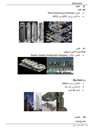 ‫عشر‬ ‫السادس‬ ‫العدد‬ - 28
BIMarabia
88 .:‫ُمان‬‫ع‬
‫ُمان‬‫ع‬ ‫مطار‬
• 	Pierre Dammous & Partners :‫العميل‬
• 	‫2102م‬ ‫حتى‬ ‫1102م‬ ‫من‬ :‫المشروع‬ ‫مدة‬
99 .:‫لبنان‬
‫تريبولي‬ - ‫العربي‬ ‫بيروت‬ ‫جامعة‬
• 	Qualco, Quality Construction Company: ‫المقاول‬ ‫و‬ ‫العميل‬
Sky Gate ‫برج‬
• 	MAN ‫مؤسسة‬ :‫المقاولون‬
• 	‫غالم‬ ‫نبيل‬ :‫المستشارين‬
• 	‫طابق‬ 40 :‫الحجم‬
1010:‫المغرب‬
‫حوارة‬ ‫مشروع‬
 