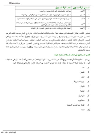 41 - ‫عشر‬ ‫السادس‬ ‫العدد‬
BIMarabia
‫التسجيل‬ ‫آلية‬ ‫تسلسل‬‫التسجيل‬ ‫آلية‬ ‫هدف‬
1‫االختيار‬‫المشروع‬ ‫نوع‬ ‫حسب‬ ‫المالئم‬ ‫اللييد‬ ‫تصنيف‬ ‫نظام‬ ‫اختيار‬ ‫يتم‬
2‫التسجيل‬‫للشهادة‬ ‫الرسمي‬ ‫الموقع‬ ‫ضمن‬ ‫األولية‬ ‫معلوماته‬ ‫تسجيل‬ ‫طريق‬ ‫عن‬ ‫المشروع‬ ‫تسجيل‬
3‫التسليم‬‫التقييم‬ ‫مستحقات‬ ‫ودفع‬ ‫الشبكة‬ ‫على‬ ‫خاص‬ ‫تطبيق‬ ‫طريق‬ ‫عن‬ ‫الشاملة‬ ‫المعلومات‬ ‫جميع‬ ‫تسليم‬
4‫التقييم‬
‫شهادات‬ ‫إصدار‬ ‫“شركة‬ ‫وهي‬ GBCI ‫العالمية‬ ‫الخضراء‬ ‫األبنية‬ ‫قنصلية‬ ‫قبل‬ ‫من‬ ‫الطلب‬ ‫تقييم‬
‫التقييم‬ ‫في‬ ‫ثالث‬ ‫طرف‬ ‫منظمة‬ »‫الخضراء‬ ‫األعمال‬
5‫االعتماد‬.‫الشهادة‬ ‫على‬ ‫الحصول‬ ‫يعني‬ ‫ما‬ ‫وهو‬ ،‫أدائه‬ ‫وقياس‬ ‫المشروع‬ ‫اعتماد‬
‫المرجو‬ ‫النقاط‬ ‫وعدد‬ ،‫المبنى‬ ‫نوع‬ ‫على‬ ً‫ا‬‫اعتماد‬ ‫الطلبات‬ ‫وتختلف‬ ،‫عليه‬ ‫تعمل‬ ‫سوف‬ ‫الذي‬ ‫التصنيف‬ ‫وإختيار‬ ‫الطلب‬ ‫تحضير‬
‫في‬ ‫العضوية‬ ‫لتصنيف‬ ً‫ا‬‫تبع‬ $900-1200 ‫بين‬ ‫ما‬ ‫للمشروع‬ ‫التسجيل‬ ‫رسوم‬ ‫وتتراوح‬ ،‫للمشروع‬ ‫التسجيل‬ .‫عليها‬ ‫الحصول‬
‫نوع‬ ‫على‬ ً‫ا‬‫اعتماد‬ ‫المراجعة‬ ‫رسوم‬ ‫وتختلف‬ ،‫الطلب‬ ‫مراجعة‬ ‫رسوم‬ ‫ودفع‬ ‫الطلب‬ ‫تسليم‬ .‫الخضراء‬ ‫لألبنية‬ ‫األمريكي‬ ‫المجلس‬
‫بالموافقة‬ ‫االعتماد‬ ‫قرار‬ ‫على‬ ‫الحصول‬ .‫المبنى‬ ‫نوع‬ ‫حسب‬ ً‫قليل‬ ‫المراجعة‬ ‫عملية‬ ‫وتختلف‬ ،‫الطلب‬ ‫مراجعة‬ .‫ومساحته‬ ‫المبنى‬
‫هناك‬ ‫يكون‬ ‫الرفض‬ ‫حالة‬ ‫وفي‬ ،LEED ‫شهادة‬ ‫على‬ ‫المبنى‬ ‫لحصول‬ ‫واضح‬ ‫رد‬ ‫هناك‬ ‫يكون‬ ‫الموافقة‬ ‫حالة‬ ‫وفي‬ ،‫الرفض‬ ‫أو‬
.‫لالستئناف‬ ‫فرصة‬
:‫يد‬ّ‫ل‬‫ال‬ ‫لمشاريع‬ ‫تصنيفا‬ ‫العالم‬ ‫في‬ ‫دول‬ ‫عشرة‬ ‫أفضل‬
‫تصنيفات‬ ‫في‬ ‫دول‬ ١٠ ‫أفضل‬ ‫هي‬ ‫به. هذه‬ ‫العمل‬ ‫يتم‬ ‫دولة‬ ١٤٠ ‫في‬ ‫العالم‬ ‫حول‬ ‫يد‬ّ‫الل‬ ‫مشاريع‬ ‫تجد‬ ‫أن‬ ‫يمكنك‬ ‫٤١٠٢م‬ ‫عام‬ ‫في‬
:‫يد‬ّ‫الل‬ ‫تصنيفات‬ ‫في‬ ‫التاسع عالميا‬ ‫المركز‬ ‫في‬ ‫المتحدة‬ ‫العربية‬ ‫االمارات‬ : ‫الوحيدة‬ ‫العربية‬ ‫الدولة‬ ‫احتلت‬ ‫وقد‬ ‫يد‬ّ‫الل‬
11 .‫كندا‬
22 .‫الصين‬
33 .‫الهند‬
44 .‫الجنوبية‬ ‫كوريا‬
55 .‫تايوان‬
66 .‫ألمانيا‬
77 .‫البرازيل‬
88 .‫سنغافورة‬
99 .‫المتحدة‬ ‫العربية‬ ‫اإلمارات‬
1010‫فنلندا‬
 