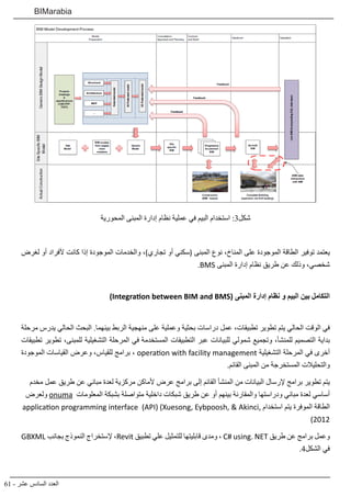 61 - ‫عشر‬ ‫السادس‬ ‫العدد‬
BIMarabia
‫المحورية‬ ‫المبنى‬ ‫إدارة‬ ‫نظام‬ ‫عملية‬ ‫في‬ ‫البيم‬ ‫استخدام‬ :3‫شكل‬
‫لغرض‬ ‫أو‬ ‫ألفراد‬ ‫كانت‬ ‫إذا‬ ‫الموجودة‬ ‫والخدمات‬ ،)‫تجاري‬ ‫أو‬ ‫(سكني‬ ‫المبنى‬ ‫نوع‬ ،‫المناخ‬ ‫على‬ ‫الموجودة‬ ‫الطاقة‬ ‫توفير‬ ‫يعتمد‬
.BMS ‫المبنى‬ ‫إدارة‬ ‫نظام‬ ‫طريق‬ ‫عن‬ ‫وذلك‬ ،‫شخصي‬
)Integration between BIM and BMS( ‫المبنى‬ ‫إدارة‬ ‫نظام‬ ‫و‬ ‫البيم‬ ‫بين‬ ‫التكامل‬
‫مرحلة‬ ‫يدرس‬ ‫الحالي‬ ‫البحث‬ .‫بينهما‬ ‫الربط‬ ‫منهجية‬ ‫على‬ ‫وعملية‬ ‫بحثية‬ ‫دراسات‬ ‫عمل‬ ،‫تطبيقات‬ ‫تطوير‬ ‫يتم‬ ‫الحالي‬ ‫الوقت‬ ‫في‬
‫تطبيقات‬ ‫تطوير‬ ،‫للمبنى‬ ‫التشغيلية‬ ‫المرحلة‬ ‫في‬ ‫المستخدمة‬ ‫التطبيقات‬ ‫عبر‬ ‫للبيانات‬ ‫شمولي‬ ‫وتجميع‬ ،‫للمنشأ‬ ‫التصميم‬ ‫بداية‬
‫الموجودة‬ ‫القياسات‬ ‫وعرض‬ ،‫للقياس‬ ‫برامج‬ ، operation with facility management ‫التشغيلية‬ ‫المرحلة‬ ‫في‬ ‫أخرى‬
.‫القائم‬ ‫المبنى‬ ‫من‬ ‫المستخرجة‬ ‫والتحليالت‬
‫مخدم‬ ‫عمل‬ ‫طريق‬ ‫عن‬ ‫مباني‬ ‫لعدة‬ ‫مركزية‬ ‫ألماكن‬ ‫عرض‬ ‫برامج‬ ‫إلى‬ ‫القائم‬ ‫المنشأ‬ ‫من‬ ‫البيانات‬ ‫إلرسال‬ ‫برامج‬ ‫تطوير‬ ‫يتم‬
‫ولعرض‬ onuma ‫المعلومات‬ ‫بشبكة‬ ‫متواصلة‬ ‫داخلية‬ ‫شبكات‬ ‫طريق‬ ‫عن‬ ‫أو‬ ‫بينهم‬ ‫والمقارنة‬ ‫ودراستها‬ ‫مباني‬ ‫لعدة‬ ‫أساسي‬
application programming interface (API) (Xuesong, Eybpoosh, & Akinci, ‫استخدام‬ ‫يتم‬ ‫الموفرة‬ ‫الطاقة‬
)2012
GBXML ‫بجانب‬ ‫النموذج‬ ‫إلستخراج‬ ،Revit ‫تطبيق‬ ‫علي‬ ‫للتمثيل‬ ‫قابليتها‬ ‫ومدى‬ ، C# using. NET ‫طريق‬ ‫عن‬ ‫برامج‬ ‫وعمل‬
.4‫الشكل‬ ‫في‬
 