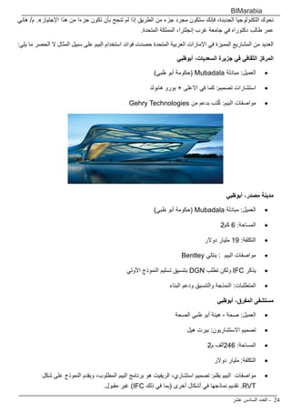 ‫عشر‬ ‫السادس‬ ‫العدد‬ - 24
BIMarabia
‫هاني‬ /‫م‬ .»‫اإلجتياز‬ ‫هذا‬ ‫من‬ ‫جزءا‬ ‫تكون‬ ‫بأن‬ ‫تنجح‬ ‫لم‬ ‫إذا‬ ‫الطريق‬ ‫من‬ ‫جزء‬ ‫مجرد‬ ‫ستكون‬ ‫فإنك‬ ،‫الجديدة‬ ‫التكنولوجيا‬ ‫نحوك‬
.‫المتحدة‬ ‫المملكة‬ ،‫إنجلترا‬ ‫غرب‬ ‫جامعة‬ ‫في‬ ‫دكتوراه‬ ‫طالب‬ ‫عمر‬
:‫يلي‬ ‫ما‬ ‫الحصر‬ ‫ال‬ ‫المثال‬ ‫سبيل‬ ‫على‬ ‫البيم‬ ‫استخدام‬ ‫فوائد‬ ‫حصدت‬ ‫المتحدة‬ ‫العربية‬ ‫اإلمارات‬ ‫في‬ ‫المميزة‬ ‫المشاريع‬ ‫من‬ ‫العديد‬
‫أبوظبي‬ ،‫السعديات‬ ‫جزيرة‬ ‫في‬ ‫الثقافي‬ ‫المركز‬
• 	
)‫ظبي‬ ‫أبو‬ ‫(حكومة‬ Mubadala ‫مبادلة‬ :‫العميل‬
• 	
‫هابولد‬ ‫بورو‬ + ‫االعلى‬ ‫في‬ ‫كما‬ :‫تصميم‬ ‫استشارات‬
• 	
Gehry Technologies ‫من‬ ‫بدعم‬ ‫تب‬ُ‫ك‬ :‫البيم‬ ‫مواصفات‬
‫أبوظبي‬ ،‫مصدر‬ ‫مدينة‬
• 	
)‫ظبي‬ ‫أبو‬ ‫(حكومة‬ Mubadala ‫مبادلة‬ :‫العميل‬
• 	
2‫كم‬ 6 :‫المساحة‬
• 	
‫دوالر‬ ‫مليار‬ 19 :‫التكلفة‬
• 	
Bentley ‫بنتلي‬ : ‫البيم‬ ‫مواصفات‬
• 	
‫األولي‬ ‫النموذج‬ ‫تسليم‬ ‫بتنسيق‬ DGN ‫تطلب‬ ‫ولكن‬ IFC ‫يذكر‬
• 	
‫البناء‬ ‫ودعم‬ ‫والتنسيق‬ ‫النمذجة‬ :‫المتطلبات‬
‫أبوظبي‬ ،‫المفرق‬ ‫مستشفى‬
• 	
‫الصحة‬ ‫ظبي‬ ‫أبو‬ ‫هيئة‬ - ‫صحة‬ :‫العميل‬
• 	
‫هيل‬ ‫بيرت‬ :‫االستشاريون‬ ‫تصميم‬
• 	
2‫م‬ ‫ألف‬246 :‫المساحة‬
• 	
‫دوالر‬ ‫مليار‬ :‫التكلفة‬
• 	
‫شكل‬ ‫على‬ ‫النموذج‬ ‫ويقدم‬ ،‫المطلوب‬ ‫البيم‬ ‫برنامج‬ ‫هو‬ ‫الريفيت‬ ،‫استشاري‬ ‫تصميم‬ :‫بقلم‬ ‫البيم‬ ‫مواصفات‬
.‫مقبول‬ ‫غير‬ )IFC ‫ذلك‬ ‫في‬ ‫(بما‬ ‫أخرى‬ ‫أشكال‬ ‫في‬ ‫نماذجها‬ ‫تقديم‬ .RVT
 