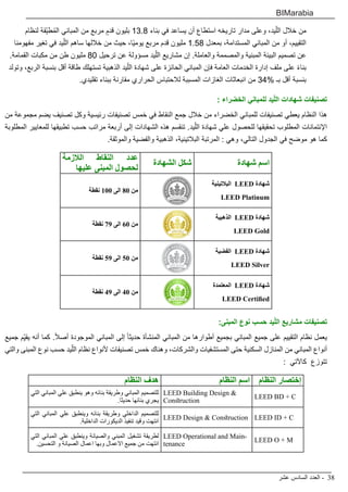 ‫عشر‬ ‫السادس‬ ‫العدد‬ - 38
BIMarabia
‫لنظام‬ ‫قة‬ِّ‫ب‬‫ط‬ُ‫م‬‫ال‬ ‫المباني‬ ‫من‬ ‫مربع‬ ٍ‫قدم‬ ‫بليون‬ 13.8 ‫بناء‬ ‫في‬ ‫يساعد‬ ‫أن‬ ‫استطاع‬ ‫تاريخه‬ ‫مدار‬ ‫وعلى‬ ،‫يد‬ّ‫الل‬ ‫خالل‬ ‫من‬
‫مفهومنا‬ ‫تغير‬ ‫في‬ ‫يد‬ّ‫الل‬ ‫ساهم‬ ‫خاللها‬ ‫من‬ ‫حيث‬ ،‫ًا‬‫ي‬‫يوم‬ ‫مربع‬ ‫قدم‬ ‫مليون‬ 1.58 ‫بمعدل‬ ،‫المستدامة‬ ‫المباني‬ ‫من‬ ‫أو‬ ،‫التقييم‬
.‫القمامة‬ ‫مكبات‬ ‫من‬ ‫طن‬ ‫مليون‬ 80 ‫ترحيل‬ ‫عن‬ ‫مسؤولة‬ ‫يد‬ّ‫الل‬ ‫مشاريع‬ ‫إن‬ .‫والعاملة‬ ‫والمصممة‬ ‫المبنية‬ ‫البيئة‬ ‫تصميم‬ ‫عن‬
‫وتولد‬ ،‫الربع‬ ‫بنسبة‬ ‫أقل‬ ‫طاقة‬ ‫تستهلك‬ ‫الذهبية‬ ‫يد‬ّ‫الل‬ ‫شهادة‬ ‫على‬ ‫الحائزة‬ ‫المباني‬ ‫فإن‬ ‫العامة‬ ‫الخدمات‬ ‫إدارة‬ ‫ملف‬ ‫على‬ ً‫ء‬‫بنا‬
.‫تقليدي‬ ‫ببناء‬ ‫مقارنة‬ ‫الحراري‬ ‫لالحتباس‬ ‫المسببة‬ ‫الغازات‬ ‫انبعاثات‬ ‫من‬ 34% ‫بـ‬ ‫أقل‬ ‫بنسبة‬
: ‫الخضراء‬ ‫للمباني‬ ‫يد‬ّ‫ل‬‫ال‬ ‫شهادات‬ ‫تصنيفات‬
‫من‬ ‫مجموعة‬ ‫يضم‬ ‫تصنيف‬ ‫وكل‬ ‫رئيسية‬ ‫تصنيفات‬ ‫خمس‬ ‫في‬ ‫النقاط‬ ‫جمع‬ ‫خالل‬ ‫من‬ ‫الخضراء‬ ‫للمباني‬ ‫تصنيفات‬ ‫يعطي‬ ‫النظام‬ ‫هذا‬
‫المطلوبة‬ ‫للمعايير‬ ‫تطبيقها‬ ‫حسب‬ ‫مراتب‬ ‫أربعة‬ ‫إلى‬ ‫الشهادات‬ ‫هذه‬ ‫تنقسم‬ .‫يد‬ّ‫الل‬ ‫شهادة‬ ‫علي‬ ‫للحصول‬ ‫تحقيقها‬ ‫المطلوب‬ ‫اإلئتمانات‬
.‫والموثقة‬ ‫والفضية‬ ‫الذهبية‬ ،‫البالتينية‬ ‫المرتبة‬ : ‫وهي‬ ،‫التالي‬ ‫الجدول‬ ‫في‬ ‫موضح‬ ‫هو‬ ‫كما‬
‫شهادة‬ ‫اسم‬
‫الشهادة‬ ‫شكل‬
‫الالزمة‬ ‫النقاط‬ ‫عدد‬
‫عليها‬ ‫المبنى‬ ‫لحصول‬
‫البالتينية‬ LEED ‫شهادة‬
LEED Platinum
‫نقطة‬ 100 ‫الى‬ 80 ‫من‬
‫الذهبية‬ LEED ‫شهادة‬
LEED Gold
‫نقطة‬ 79 ‫الى‬ 60 ‫من‬
‫الفضية‬ LEED ‫شهادة‬
LEED Silver
‫نقطة‬ 59 ‫الى‬ 50 ‫من‬
‫المعتمدة‬ LEED ‫شهادة‬
LEED Certified
‫نقطة‬ 49 ‫الى‬ 40 ‫من‬
:‫المبنى‬ ‫نوع‬ ‫حسب‬ ‫يد‬ّ‫ل‬‫ال‬ ‫مشاريع‬ ‫تصنيفات‬
‫جميع‬ ‫م‬ِّ‫ي‬‫يق‬ ‫أنه‬ ‫كما‬ .ً‫ال‬‫أص‬ ‫الموجودة‬ ‫المباني‬ ‫إلى‬ ً‫ا‬‫حديث‬ ‫المنشأة‬ ‫المباني‬ ‫من‬ ‫أطوارها‬ ‫بجميع‬ ‫المباني‬ ‫جميع‬ ‫على‬ ‫التقييم‬ ‫نظام‬ ‫يعمل‬
‫والتي‬ ‫المبنى‬ ‫نوع‬ ‫حسب‬ ‫يد‬ّ‫الل‬ ‫نظام‬ ‫ألنواع‬ ‫تصنيفات‬ ‫خمس‬ ‫وهناك‬ ،‫والشركات‬ ‫المستشفيات‬ ‫حتى‬ ‫السكنية‬ ‫المنازل‬ ‫من‬ ‫المباني‬ ‫أنواع‬
: ‫كاآلتي‬ ‫تتوزع‬
‫النظام‬ ‫إختصار‬
‫النظام‬ ‫اسم‬
‫النظام‬ ‫هدف‬
LEED BD + C
LEED Building Design &
Construction
‫التي‬ ‫المباني‬ ‫علي‬ ‫ينطبق‬ ‫وهو‬ ‫بنائه‬ ‫وطريقة‬ ‫المباني‬ ‫للتصميم‬
.‫حديثا‬ ‫بنائها‬ ‫يجري‬
LEED ID + C
LEED Design & Construction
‫التي‬ ‫المباني‬ ‫علي‬ ‫وينطبق‬ ‫بنائه‬ ‫وطريقة‬ ‫الداخلي‬ ‫للتصميم‬
.‫الداخلية‬ ‫الديكورات‬ ‫تنفيذ‬ ‫وقيد‬ ‫انتهت‬
LEED O + M
LEED Operational and Main-
tenance
‫التي‬ ‫المباني‬ ‫علي‬ ‫وينطبق‬ ‫والصيانة‬ ‫المبني‬ ‫تشغيل‬ ‫لطريقة‬
.‫التحسين‬ ‫و‬ ‫الصيانة‬ ‫اعمال‬ ‫وبها‬ ‫االعمال‬ ‫جميع‬ ‫من‬ ‫انتهت‬
 