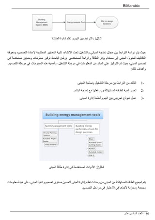 ‫عشر‬ ‫السادس‬ ‫العدد‬ - 60
BIMarabia
‫المنشآة‬ ‫إدارة‬ ‫نظم‬ ‫و‬ ‫البيم‬ ‫بين‬ ‫الترابط‬ :1‫شكل‬
‫ومعرفة‬ ،‫التصميم‬ ‫إلعادة‬ ‫المطلوبة‬ ‫المعايير‬ ‫تلبية‬ ،‫اإلنشاء‬ ‫تحت‬ ‫والتشغيل‬ ‫المباني‬ ‫نمذجة‬ ‫مجال‬ ‫بين‬ ‫الترابط‬ ‫دراسة‬ ‫يتم‬ ‫حيث‬
‫في‬ ‫مستخدمة‬ ‫ومعايير‬ ‫معلومات‬ ‫توفير‬ ‫الباحث‬ ‫يرشح‬ .‫لمستخدمي‬ ‫والراحة‬ ‫الطاقة‬ ‫يوفر‬ ‫مستدام‬ ‫إلى‬ ‫المبني‬ ‫لتحويل‬ ‫التكاليف‬
،‫التصميم‬ ‫مرحلة‬ ‫في‬ ‫المعلومات‬ ‫هذه‬ ‫وأهمية‬ ،‫التشغيل‬ ‫مرحلة‬ ‫في‬ ‫المعلومات‬ ‫من‬ ‫العائد‬ ‫علي‬ ‫التركيز‬ ‫تم‬ ‫حيث‬ ،‫المبني‬ ‫تصميم‬
:‫ذلك‬ ‫وأهداف‬
1-
1
.‫المبنى‬ ‫ونمذجة‬ ‫التشغيل‬ ‫مرحلة‬ ‫بين‬ ‫الترابط‬ ‫من‬ ‫التأكد‬
2-
2
.‫البناء‬ ‫نمذجة‬ ‫مع‬ ‫فعلها‬ ‫ورد‬ ‫المستهلكة‬ ‫الطاقة‬ ‫كمية‬ ‫تحديد‬
3-
3
.‫المبنى‬ ‫إدارة‬ ‫وأنظمة‬ ‫البيم‬ ‫بين‬ ‫تجريبي‬ ‫نموذج‬ ‫عمل‬
‫المبنى‬ ‫طاقة‬ ‫إدارة‬ ‫في‬ ‫المستخدمة‬ ‫األدوات‬ :2‫شكل‬
‫معلومات‬ ‫هيئة‬ ‫على‬ ،‫المبني‬ ‫وتنفيذ‬ ‫تصميم‬ ‫مستوى‬ ‫لتحسين‬ ‫المبنى‬ ‫إدارة‬ ‫نظام‬ ‫وحدات‬ ‫من‬ ‫المبني‬ ‫من‬ ‫المستهلكة‬ ‫الطاقة‬ ‫تجميع‬ ‫يتم‬
.‫التصميم‬ ‫مراحل‬ ‫في‬ ‫االعتبار‬ ‫في‬ ‫ألخذها‬ ‫ومخزنة‬ ‫مجمعة‬
 