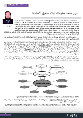 7
BIMarabia 19 2017 ‫مايو‬
                                  
‫االستدامة‬ ‫لتحقيق‬ ‫البناء‬ ‫معلومات‬ ‫نمذجة‬ ‫دور‬
‫معر‬ ‫ي‬
‫ن‬�‫م/ها‬
‫الواليات‬ ‫في‬ ‫وغيرها‬ ‫والجامعات‬ ‫والمدارس‬ ‫والمستشفيات‬ ‫الحكومية‬ ‫كالمصالح‬ ‫الخدمية‬ ‫والمنشآت‬ ‫السكنية‬ ‫المنشآت‬ ‫تستهلك‬
‫يقارب‬ ‫ما‬ ‫أنه‬ ‫يعنى‬ ‫مما‬ ‫الدول‬ ‫معظم‬ ‫فى‬ ‫الحال‬ ‫وكذلك‬ .)Autodesk, 2008( ‫الطاقة‬ ‫من‬ 40% ‫من‬ ‫أكثر‬ ‫االمريكية‬ ‫المتحدة‬
‫الجهات‬ ‫مع‬ ‫الحكومات‬ ‫عملت‬ ‫ولهذا‬ .‫التشغيل‬ ‫مرحلة‬ ‫فى‬ ‫المنشات‬ ‫تستهلكها‬ ‫االرض‬ ‫كوكب‬ ‫على‬ ‫المنتجة‬ ‫الطاقة‬ ‫من‬ 40% ‫من‬
. Smart building ‫الذكية‬ ‫المبانى‬ ‫هو‬ ‫الدؤوب‬ ‫العمل‬ ‫هذا‬ ‫نتاج‬ ‫وكان‬ ‫للطاقة‬ ‫المبانى‬ ‫استهالك‬ ‫لتقليل‬ ‫بالبيئة‬ ‫والمهتمين‬ ‫البحثية‬
‫بداية‬ ‫المبنى‬ ‫مراحل‬ ‫كل‬ ‫فى‬ ‫ممكنة‬ ‫درجة‬ ‫أقصى‬ ‫إلى‬ ‫الطاقة‬ ‫استهالك‬ ‫تقليل‬ ‫بهدف‬ ‫المنشأت‬ ‫من‬ ‫النوع‬ ‫هذا‬ ‫وبناء‬ ‫تصميم‬ ‫يتم‬ ‫حيث‬
‫حتى‬ )Operation and Maintenance O&M( ‫والصيانة‬ ‫التشغيل‬ ‫بمرحلة‬ ‫ومرورا‬ ‫المبنى‬ ‫إنشاء‬ ‫في‬ ‫التفكير‬ ‫مرحلة‬ ‫من‬
‫المشكالت‬ ‫من‬ ‫كثير‬ ‫على‬ ‫الكامل‬ ‫التغلب‬ ‫فى‬ ‫نجاحة‬ ‫أثبت‬ ‫والذى‬ )BIM( ‫البناء‬ ‫معلومات‬ ‫نمذجة‬ ‫ظهور‬ ‫مع‬ ‫وتزامنا‬ .‫البناء‬ ‫وإعادة‬ ‫المبنى‬ ‫هدم‬ ‫مرحلة‬
.‫لها‬ ‫حلول‬ ‫وجود‬ ‫من‬ ‫اليأس‬ ‫بعين‬ ‫السابق‬ ‫في‬ ‫لها‬ ‫ُنظر‬‫ي‬ ‫كان‬ ‫التى‬
‫نفس‬ ‫وفى‬ )‫والصيانة‬ ‫التشغيل‬ ‫مرحلة‬ ‫أثناء‬ ‫للطاقة‬ ‫إستهالك‬ ‫ال‬ ‫(أي‬ ‫الصفري‬ ‫االستهالك‬ ‫الى‬ ‫للوصول‬ ‫تهدف‬ ‫التى‬ ‫االبحاث‬ ‫من‬ ‫الكثير‬ ‫ظهرت‬ ‫وقد‬
.‫الكاملين‬ ‫واالمان‬ ‫بالراحة‬ ‫مستخدميه‬ ‫شعور‬ ‫مع‬ ‫كفائه‬ ‫بأعلى‬ ‫بوظائفه‬ ‫المبنى‬ ‫يقوم‬ ‫الوقت‬
‫ومدى‬ ‫وسرعتها‬ ‫الرياح‬ ‫كاتجاه‬ ‫والخارجية‬ ‫الداخلية‬ ‫للعوامل‬ ‫المبنى‬ ‫عناصر‬ ‫تحليل‬ ‫على‬ ‫البناء‬ ‫معلومات‬ ‫نمذجة‬ ‫قدرة‬ ‫على‬ ‫االبحاث‬ ‫هذه‬ ‫اعتمدت‬
‫تأثير‬ ‫تحليل‬ ‫األمرعلى‬ ‫يقتصر‬ ‫وال‬ .‫والبعيد‬ ‫القريب‬ ‫المدى‬ ‫على‬ ‫للطاقة‬ ‫وإستهالكه‬ ‫المبنى‬ ‫بأداء‬ ‫والتنبؤ‬ ‫المبنى‬ ‫داخل‬ ‫الطاقة‬ ‫إستهالك‬ ‫على‬ ‫تأثيرها‬
‫الحارة‬ ‫البالد‬ ‫فى‬ ‫عليه‬ ‫الشمس‬ ‫حرارة‬ ‫تأثير‬ ‫تقليل‬ ‫من‬ ‫يمكنه‬ ‫والذي‬ )ORIENTATION(‫للمبنى‬ ‫وإتجاه‬ ‫مكان‬ ‫أفضل‬ ‫تحديد‬ ‫الى‬ ‫يمتد‬ ‫بل‬ ‫فقط‬ ‫الرياح‬
‫المصابيح‬ ‫على‬ ‫االعتماد‬ ‫من‬ ‫للتقليل‬ ‫وذلك‬ ‫الشمس‬ ‫لضوء‬ ‫الحالتين‬ ‫فى‬ ‫االمثل‬ ‫االستغالل‬ ‫مع‬ ‫الباردة‬ ‫البالد‬ ‫في‬ ‫إستغالل‬ ‫أقصى‬ ‫وإستغالل‬ ‫الخليج‬ ‫كدول‬
‫المحاكاة‬ ‫خاصية‬ ‫المثال‬ ‫سبيل‬ ‫على‬ ‫ومنها‬ )BIM tools( ‫البيم‬ ‫أدوات‬ ‫فإن‬ ‫وبالمثل‬ .‫المبانى‬ ‫فى‬ ‫الطاقة‬ ‫الستهالك‬ ‫الرئيسية‬ ‫المصادر‬ ‫أحد‬ ‫هى‬ ‫والتي‬
‫داخل‬ ‫وتوزيعها‬ ‫وكمياتها‬ ‫الطاقة‬ ‫مسارات‬ ‫تحليل‬ ‫وكذلك‬ )FAÇADE( ‫المنشات‬ ‫واجهات‬ ‫وإستغالل‬ ‫تحليل‬ ‫على‬ ‫القدرة‬ ‫لها‬ ‫والتي‬ )Simulation(
.‫المبنى‬ ‫وخارج‬
‫الالزم‬ ‫الوقت‬ ‫مثل‬ ‫نواحي‬ ‫عدة‬ ‫من‬ ‫االفضل‬ ‫اختيار‬ ‫بهدف‬ ‫قياسى‬ ‫زمن‬ ‫في‬ ‫وذلك‬ )OPTION( ‫خيار‬ ‫من‬ ‫أكثر‬ ‫ومحاكاة‬ ‫مقارنة‬ ‫على‬ ‫القدرة‬ ‫للبيم‬
‫عناصر‬ ‫بعض‬ ‫التالى‬ ‫الشكل‬ ‫وغيرها.ويبين‬ ‫الطاقة‬ ‫وإستهالك‬ ‫واالستدامة‬ ‫المستخدمين‬ ‫ورفاهية‬ ‫وراحة‬ ‫المستخدة‬ ‫والمواد‬ ‫والخامات‬ ‫والتكلفة‬ ‫للتنفيذ‬
.‫البيئة‬ ‫على‬ ‫والحفاظ‬ ‫الطاقة‬ ‫إستهالك‬ ‫من‬ ‫للتقليل‬ ‫للمنشأ‬ ‫التحليل‬
Typical information flow in BIM-based sustainability analyses (Azhar and Brown 2009)
‫وذلك‬ ‫المنشأ‬ ‫لنفس‬ ‫الخيارات‬ ‫أفضل‬ ‫على‬ ‫للحصول‬ ‫التحليل‬ ‫لعملية‬ ‫حاالت‬ ‫ثالثة‬ ‫باستعراض‬ )Salman Azhar( ‫أزهر‬ ‫سلمان‬ ‫البروفيسور‬ ‫قام‬
‫بعنوان‬ 2011 ‫سنة‬ ‫المنشور‬ ‫بحثه‬ ‫في‬
Building Information Modeling (BIM): Trends, Benefits, Risks and challenges for the AEC industry
 
