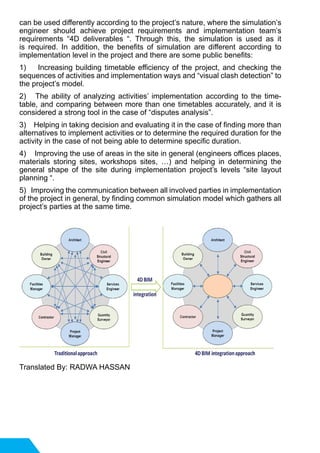 can be used differently according to the project’s nature, where the simulation’s
engineer should achieve project requirements and implementation team’s
requirements “4D deliverables “. Through this, the simulation is used as it
is required. In addition, the benefits of simulation are different according to
implementation level in the project and there are some public benefits:
1) Increasing building timetable efficiency of the project, and checking the
sequences of activities and implementation ways and “visual clash detection” to
the project’s model.
2) The ability of analyzing activities’ implementation according to the time-
table, and comparing between more than one timetables accurately, and it is
considered a strong tool in the case of “disputes analysis”.
3) Helping in taking decision and evaluating it in the case of finding more than
alternatives to implement activities or to determine the required duration for the
activity in the case of not being able to determine specific duration.
4) Improving the use of areas in the site in general (engineers offices places,
materials storing sites, workshops sites, …) and helping in determining the
general shape of the site during implementation project’s levels “site layout
planning “.
5) Improving the communication between all involved parties in implementation
of the project in general, by finding common simulation model which gathers all
project’s parties at the same time.
Translated By: RADWA HASSAN
 
