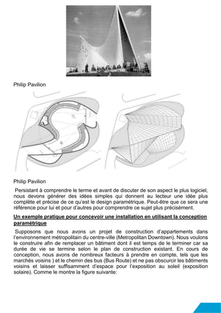 Philip Pavilion
Philip Pavilion
Persistant à comprendre le terme et avant de discuter de son aspect le plus logiciel,
nous devons générer des idées simples qui donnent au lecteur une idée plus
complète et précise de ce qu’est le design paramétrique. Peut-être que ce sera une
référence pour lui et pour d’autres pour comprendre ce sujet plus précisément.
Un exemple pratique pour concevoir une installation en utilisant la conception
paramétrique
Supposons que nous avons un projet de construction d’appartements dans
l’environnement métropolitain du centre-ville (Metropolitan Downtown). Nous voulons
le construire afin de remplacer un bâtiment dont il est temps de le terminer car sa
durée de vie se termine selon le plan de construction existant. En cours de
conception, nous avons de nombreux facteurs à prendre en compte, tels que les
marchés voisins ) et le chemin des bus (Bus Route) et ne pas obscurcir les bâtiments
voisins et laisser suffisamment d’espace pour l’exposition au soleil (exposition
solaire). Comme le montre la figure suivante:
 