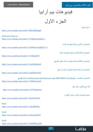 21
23rd ISSUE BIMARABIA ‫ابيا‬‫ر‬‫ا‬ ‫ي‬�‫ب‬ ‫ـ‬ ‫ون‬ ‫ش‬�‫والع‬ ‫الثالث‬ ‫العدد‬
‫أرابيا‬ ‫بيم‬ ‫فيديوهات‬
‫االول‬ ‫الجزء‬
‫البيم؟‬ ‫هو‬ ‫ما‬
https//:www.youtube.com/watch?v=R0UHjMPqq88
BIMarabia Magazine
https//:www.youtube.com/watch?v=TVJRadLzjpU&t2=s
‫البناء‬ ‫معلومات‬ ‫نمذجة‬ ‫األولى‬ ‫المحاضرة‬
https//:www.youtube.com/watch?v=NH4HocoUnjQ&t777=s
‫البناء‬ ‫معلومات‬ ‫نمذجة‬ ‫قالب‬ ‫الثانية‬ ‫المحاضرة‬
https//:www.youtube.com/watch?v=Yi5Ppelp3Y0
‫كفريق‬ ‫العمل‬ ‫البناء‬ ‫معلومات‬ ‫نمذجة‬ ‫الثالثة‬ ‫المحاضرة‬
https//:www.youtube.com/watch?v=UqXN05pbFpY
‫برامج‬ ‫البناء‬ ‫معلومات‬ ‫نمذجة‬ ‫الرابعة‬ ‫المحاضرة‬
https//:www.youtube.com/watch?v=emQW4mriTkI
guide For Architectural and Structural and MEP BIM Consultants ‫الخامسة‬ ‫المحاضرة‬
https//:www.youtube.com/watch?v=eTMfmVq1a2U
‫سكر‬ ‫بالل‬ ‫الدكتور‬ ‫مع‬ ‫لقاء‬
https//:www.youtube.com/watch?v2=JCFOpx6hwg
‫الفقراء‬ ‫وعمارة‬ ‫البناء‬ ‫معلومات‬ ‫نمذجة‬
https//:www.youtube.com/watch?v=WjAd19uloe0
bim1
https//:www.youtube.com/watch?v=ai6pcPR84Sw
bim2
https//:www.youtube.com/watch?v=jAPotneQE3M
bim3
https//:www.youtube.com/watch?v=CONSP8qve2M
 