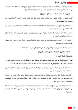 28
27
‫يساعد‬ ‫مما‬ ً‫ال‬‫مث‬ IFC ‫مثل‬ ‫للعمل‬ ‫صيغ‬ ‫اقتراح‬ ‫خالل‬ ‫من‬ ‫المختلفة‬ ‫للبرامج‬ ‫البيني‬ ‫التشغيل‬ ‫قابلية‬ ‫من‬ ‫التمكين‬ ‫على‬ ‫العمل‬
.‫للشركة‬ ‫العامة‬ ‫االستراتيجية‬ ‫من‬ ‫كجزء‬ ‫وإدارتها‬ ‫البيانات‬ ‫وتبادل‬ ‫وتخزين‬ ‫استخدام‬ ‫في‬
•	)‫التجوال‬  ‫والمكان‬ ،‫التسليمات‬ ،‫(المعدات‬ :‫األجهزة‬
‫كمبيوترات‬ ‫األجهزة‬ ‫أغلب‬ ‫ان‬ ‫حيث‬ ،‫البناء‬ ‫معلومات‬ ‫نمذجة‬ ‫لعملية‬ ‫مالءمة‬ ‫غير‬ ‫األجهزة‬ ‫وبالتالي‬ ،0 ‫التقييم‬ ‫أخذت‬
.‫عمل‬ ‫محطات‬ ‫وليس‬ ‫شخصية‬
‫إلى‬ ‫والسعي‬ ‫للشركة‬ ‫االستراتيجية‬ ‫الخطة‬ ‫ضمن‬ ‫البناء‬ ‫معلومات‬ ‫نمذجة‬ ‫معدات‬ ‫وصيانة‬ ‫إدارة‬ ‫موضوع‬ ‫وضع‬ ‫يجب‬ *
.‫للشركة‬ ‫المالية‬ ‫الخطط‬ ‫مع‬ ‫العملية‬ ‫تكامل‬
‫ولكن‬ ‫مستعملة‬ ‫أو‬ ‫رخيصة‬ ‫تكون‬ ‫أن‬ ‫يمكن‬ work station ‫أجهزة‬ ‫وشراء‬ ،‫بناء‬ ‫معلومات‬ ‫لنمذجة‬ ‫مالئمة‬ ‫معدات‬ ‫شراء‬ *
.)‫تدريجي‬ ‫(تغيير‬ ‫جيدة‬ ‫بمواصفات‬
‫سيحقق‬ ‫الذي‬ ‫الرئيسي‬ ‫األول‬ ‫العامل‬ ‫سيكون‬ ‫وأنه‬ ‫بكلفة‬ ‫وليس‬ ‫استثمار‬ ‫هو‬ ‫وترقيتها‬ ‫المعدات‬ ‫استبدال‬ ‫أن‬ ‫اإلدارة‬ ‫إقناع‬ *
.ً‫ا‬‫الحق‬ ‫للشركة‬ ‫التنافسية‬ ‫القدرة‬
.‫المنظمة‬ ‫أنحاء‬ ‫جميع‬ ‫وفي‬ )‫األقل‬ ‫على‬ ‫الواحد‬ ‫الفريق‬ ‫(ضمن‬ ‫األجهزة‬ ‫مواصفات‬ ‫توحيد‬ *
•	)‫بالولوج‬ ‫التحكم‬  ‫األمن‬ ،‫التسليمات‬ ،‫الحلول‬ ( :‫الشبكة‬
،0 ‫القيمة‬ ‫الشبكة‬ ‫حلول‬ ‫أخذت‬
AND synchronization save‫الـ‬ ‫عملية‬ ( ‫ممكن‬ ‫ضعيفة‬ ‫ولكن‬ ‫موجودة‬ ‫الشبكة‬ ً‫ال‬‫مث‬ ‫جيد‬ ‫غير‬ ‫الشبكة‬ ‫وضع‬ ‫أن‬ ‫يعني‬
.‫الخادم‬ ‫أو‬ ‫الراوتر‬ ‫أو‬ ‫الشبكة‬ ‫أسالك‬ ‫تكون‬ ‫قد‬ :‫األسباب‬ ‫عن‬ ‫البحث‬ ‫يجب‬ ،‫بطيء‬ ‫الخادم‬ ‫الـ‬ ‫أو‬ )‫طويل‬ ‫وقت‬ ‫تأخذ‬
‫وبين‬ ‫الواحدة‬ ‫المنظمة‬ ‫ضمن‬ ‫العمل‬ ‫فرق‬ ‫بين‬ ‫المعلومات‬ ‫مشاركة‬ ‫تؤمن‬ ‫بحيث‬ ‫وحلولها‬ ‫الشبكة‬ ‫تأمين‬ ‫هو‬ ‫الحلول‬ ‫أحد‬ *
.‫مناسبة‬ ‫وبسرعة‬ ً‫ا‬‫مع‬ ‫العاملة‬ ‫المنظمات‬
‫ترددية‬ ‫حزم‬ ‫تأمين‬ ( ‫مثل‬ ‫مستمر‬ ‫بشكل‬ ‫ومجربة‬ ‫مختبرة‬ ‫تعد‬ ‫التي‬ ‫باالبتكارات‬ ‫الموجودة‬ ‫الحلول‬ ‫استبدال‬ ‫يمكن‬ ‫كما‬ *
‫المعلومات‬ ‫مشاركة‬ ‫عبر‬ ‫النمذجة‬ ‫عملية‬ ‫وتكامل‬ ‫الحلول‬ ‫إدارة‬ ‫هو‬ ‫الهدف‬ .‫والمعرفة‬ ‫البيانات‬ ‫وتبادل‬ ‫بتخزين‬ ‫تسمح‬ ‫جيدة‬
.‫للوقت‬ ‫ضياع‬ ‫وجود‬ ‫دون‬ ‫والمعرفة‬
‫المصلحة‬ ‫أصحاب‬ ‫بين‬ ‫البيني‬ ‫التشغيل‬ ‫لتبادل‬ ‫قابلة‬ ‫وتجعلها‬ ‫الضخمة‬ ‫البيانات‬ ‫بتبادل‬ ‫تسمح‬ ‫للمشاريع‬ ‫بوابات‬ ‫تخصيص‬ *
‫االتصال.انظر‬ ‫قنوات‬ ‫وتطوير‬ ‫العملية‬ ‫تحسين‬ ‫على‬ ‫ينعكس‬ ‫وهذا‬ ‫األطراف‬ ‫مختلف‬ ‫مشاركة‬ ‫إلى‬ ‫يؤدي‬ ‫مما‬ ‫المشروع‬ ‫في‬
1 ‫رقم‬ ‫الجدول‬
 