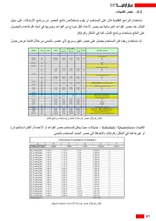 41
27
:‫الكميات‬ ‫حصر‬ -3-2
‫سبيل‬ ‫على‬ ،‫األوتوكاد‬ ‫برنامج‬ ‫من‬ ‫الحصر‬ ‫نتائج‬ ‫بإستخالص‬ ‫يقوم‬ ‫ان‬ ‫المستخدم‬ ‫على‬ ‫كان‬ ‫التقليدية‬ ‫البرامج‬ ‫باستخدام‬
‫والحصول‬ ‫قاعدة‬ ‫كل‬ ‫أبعاد‬ ‫في‬ ‫وضربها‬ ‫القواعد‬ ‫من‬ ‫نموذج‬ ‫لكل‬ ‫األعداد‬ ‫حصر‬ ‫يتم‬ ‫الخرسانية‬ ‫القواعد‬ ‫حصر‬ ‫عند‬ ‫المثال‬
.)8( ‫رقم‬ ‫الشكل‬ ‫في‬ ‫كما‬ ،‫اكسل‬ ‫برنامج‬ ‫بإستخدام‬ ‫الناتج‬ ‫على‬
‫جدول‬ ‫عرض‬ ‫قائمة‬ ‫خالل‬ ‫من‬ ‫بالمبنى‬ ‫عنصر‬ ‫ألي‬ ‫وسريع‬ ‫دقيق‬ ‫حصر‬ ‫على‬ ‫يحصل‬ ‫المستخدم‬ ‫فإن‬ ‫ريفت‬ ‫باستخدام‬ ‫أما‬
)‫الكمرات(الجوائز‬ ‫أو‬ ‫األعمدة‬ ‫أو‬ ‫القواعد‬ ‫حصر‬ ‫للمستخدم‬ ‫يمكن‬ ‫حيث‬ ،»View – Schedule / Quantities« ‫الكميات‬
.‫بالمبنى‬ ‫المستخدم‬ ‫الحديد‬ ‫حصر‬ ‫إلى‬ ‫باإلضافة‬ ،)9( ‫رقم‬ ‫الشكل‬ ‫في‬ ‫كما‬ ‫غيرها‬ ‫أو‬
‫الريفيت‬ ‫باستخدام‬ ‫األساسات‬ ‫خرسانة‬ ‫حصر‬ :)9( ‫رقم‬ ‫شكل‬
‫إكسل‬ ‫برنامج‬ ‫باستخدام‬ ‫المشروع‬ ‫خرسانات‬ ‫حصر‬ :)8( ‫رقم‬ ‫شكل‬
 