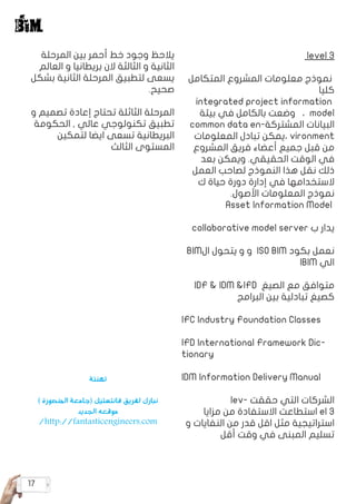 17
level 3
‫المتكامل‬ ‫المشروع‬ ‫معلومات‬ ‫نموذج‬
‫كليا‬
integrated project information
‫بيئة‬ ‫في‬ ‫بالكامل‬ ‫وضعت‬ ، model
common data en� ‫المشترةك‬ ‫البيانات‬‫ة‬
‫المعلومات‬ ‫تبادل‬ ‫،يمكن‬ vironment
‫المشروع‬ ‫فريق‬ ‫أعضاء‬ ‫جميع‬ ‫قبل‬ ‫من‬
‫بعد‬ ‫ويمكن‬ .‫الحقيقي‬ ‫الوقت‬ ‫في‬
‫العمل‬ ‫لصاحب‬ ‫النموذج‬ ‫هذا‬ ‫نقل‬ ‫ذلك‬
‫ك‬ ‫حياة‬ ‫دورة‬ ‫إدارة‬ ‫في‬ ‫الستخدامها‬
.‫األصول‬ ‫المعلومات‬ ‫نموذج‬
Asset Information Model
collaborative model server ‫ب‬ ‫يدار‬
BIM‫ال‬ ‫يتحول‬ ‫و‬ ‫و‬ ISO BIM ‫بكود‬ ‫نعمل‬
IBIM ‫الي‬
IDF & IDM &IFD ‫الصيغ‬ ‫مع‬ ‫متوافق‬
‫البرامج‬ ‫بين‬ ‫تبادلية‬ ‫كصيغ‬
IFC Industry Foundation Classes
IFD International Framework Dic�
tionary
IDM Information Delivery Manual
lev� ‫حقق ت‬ ‫التي‬ ‫الشركات‬
‫مزايا‬ ‫من‬ ‫االستفادة‬ ‫استطاعت‬ el 3
‫و‬ ‫النفايات‬ ‫من‬ ‫قدر‬ ‫اقل‬ ‫مثل‬ ‫استراتيجية‬
‫أقل‬ ‫وقت‬ ‫في‬ ‫المبنى‬ ‫تسليم‬
‫المرحلة‬ ‫بين‬ ‫أحمر‬ ‫خط‬ ‫وجود‬ ‫يالحظ‬
‫العالم‬ ‫و‬ ‫بريطانيا‬ ‫الن‬ ‫الثالثة‬ ‫و‬ ‫الثانية‬
‫بشكل‬ ‫الثانية‬ ‫المرحلة‬ ‫لتطبيق‬ ‫يسعى‬
.‫صحيح‬
‫و‬ ‫تصميم‬ ‫إعادة‬ ‫تحتاج‬ ‫الثاثلة‬ ‫المرحلة‬
‫الحكومة‬ , ‫عالي‬ ‫تكنولوجي‬ ‫تطبيق‬
‫لتمكين‬ ‫ايضا‬ ‫تسعى‬ ‫البريطانية‬
‫الثالث‬ ‫المستوى‬
‫تهنئة‬
) ‫المنصورة‬ ‫(جامعة‬ ‫فانتستيك‬ ‫لفريق‬ ‫نبارك‬
‫الجديد‬ ‫موقعه‬
/http://fantasticengineers.com
 