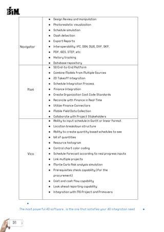 31
Navigator
●	 Design Review and manipulation
●	 Photorealistic visualization
●	 Schedule simulation
●	 Clash detection
●	 Export Reports
●	 Interoperability: IFC, DGN, DWG, DXF, SKP,
●	 PDF, IGES, STEP, etc
●	 History tracking
●	 Database repository
Itwo
●	 5D End-to-End Platform
●	 Combine Models from Multiple Sources
●	 2D Takeoff Integration
●	 Schedule Integration Process.
●	 Finance Integration
●	 Create Organization Cost Code Standards
●	 Reconcile with Finance in Real-Time
●	 Utilize Finance Connectors
●	 Mobile Field Data Collection
●	 Collaborate with Project Stakeholders 
Vico
●	 Ability to input schedule in Gantt or linear format
●	 Location breakdown structure
●	 Ability to create quantity based schedules to see
●	 bill of quantities
●	 Resource histogram
●	 Control chart color coding
●	 Schedule forecast according to real progress inputs
●	 Link multiple projects
●	 Monte Carlo Risk analysis simulation
●	 Prerequisites check capability (For the
procurement)
●	 Cost and cash flow capability
●	 Look ahead reporting capability
●	 Integration with MS Project and Primavera
● 	
● 	.The most powerful 4D software , is the one that satisfies your 4D integration need
 