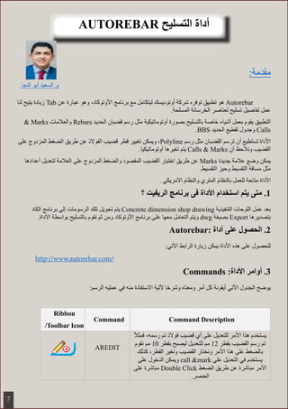 AUTOREBAR ‫التسليح‬ ‫أداة‬
:‫مقدمة‬
‫لنا‬ ‫يتيح‬ ‫زيادة‬ Tab ‫عن‬ ‫عبارة‬ ‫وهو‬ ،‫األوتوكاد‬ ‫برنامج‬ ‫مع‬ ‫ليتكامل‬ ‫أوتوديسك‬ ‫شركة‬ ‫توفره‬ ‫تطبيق‬ ‫هو‬ Autorebar 	
.‫المسلحة‬ ‫الخرسانة‬ ‫لعناصر‬ ‫تسليح‬ ‫تفاصيل‬ ‫عمل‬
& Marks ‫والعالمات‬ Rebars ‫الحديد‬ ‫قضبان‬ ‫رسم‬ ‫مثل‬ ‫أوتوماتيكية‬ ‫بصورة‬ ‫بالتسليح‬ ‫خاصة‬ ‫أشياء‬ ‫بعمل‬ ‫يقوم‬ ‫التطبيق‬
.BBS ‫الحديد‬ ‫تقطيع‬ ‫وجدول‬ Calls
‫على‬ ‫المزدوج‬ ‫الضغط‬ ‫طريق‬ ‫عن‬ ‫الفوالذ‬ ‫قضيب‬ ‫قطر‬ ‫تغيير‬ ‫ويمكن‬ ،Polyline ‫رسم‬ ‫مثل‬ ‫القضبان‬ ‫ترسم‬ ‫أن‬ ‫تستطيع‬ ‫األداة‬
.‫أوتوماتيكيا‬ ‫تغيرها‬ ‫يتم‬ Calls & Marks ‫أن‬ ‫ونالحظ‬ ‫القضيب‬
‫أعدادها‬ ‫لتعديل‬ ‫العالمة‬ ‫على‬ ‫المزدوج‬ ‫والضغط‬ ‫المقصود‬ ‫القضيب‬ ‫اختيار‬ ‫طريق‬ ‫عن‬ Marks ‫جديدة‬ ‫عالمة‬ ‫وضع‬ ‫يمكن‬
.‫التقسيط‬ ‫وحيز‬ ‫التقسيط‬ ‫مسافة‬ ‫مثل‬
. ‫األمريكي‬ ‫والنظام‬ ‫المتري‬ ‫بالنظام‬ ‫للعمل‬ ‫متاحة‬ ‫األداة‬
11.‫؟‬ ‫الريفيت‬ ‫برنامج‬ ‫فى‬ ‫األداة‬ ‫استخدام‬ ‫يتم‬ ‫متى‬
‫الكاد‬ ‫برنامج‬ ‫إلى‬ ‫الرسومات‬ ‫تلك‬ ‫تحويل‬ ‫يتم‬ Concrete dimension shop drawing ‫التنفيذية‬ ‫اللوحات‬ ‫عمل‬ ‫بعد‬
.‫األداة‬ ‫بواسطة‬ ‫بالتسليح‬ ‫نقوم‬ ‫ثم‬ ‫ومن‬ ‫األوتوكاد‬ ‫برنامج‬ ‫على‬ ‫معها‬ ‫التعامل‬ ‫ويتم‬ dwg ‫بصيغة‬ Export ‫بتصديرها‬
22.Autorebar: ‫أداة‬ ‫على‬ ‫الحصول‬
:‫اآلتي‬ ‫الرابط‬ ‫زيارة‬ ‫يمكن‬ ‫األداة‬ ‫هذه‬ ‫على‬ ‫للحصول‬
33.Commands :‫األداة‬ ‫أوامر‬
:‫الرسم‬ ‫عمليه‬ ‫في‬ ‫منه‬ ‫االستفادة‬ ‫آللية‬ ‫ا‬ً‫ح‬‫وشر‬ ‫ومعناه‬ ‫أمر‬ ‫كل‬ ‫أيقونة‬ ‫اآلتي‬ ‫الجدول‬ ‫يوضح‬
Ribbon
/Toolbar Icon
Command Command Description
AREDIT
ً‫ال‬‫فمث‬ ،‫رسمه‬ ‫تم‬ ‫فوالذ‬ ‫قضيب‬ ‫أي‬ ‫على‬ ‫للتعديل‬ ‫األمر‬ ‫هذا‬ ‫يستخدم‬
‫نقوم‬ ‫مم‬ 10 ‫بقطر‬ ‫ليصبح‬ ‫للتعديل‬ ‫مم‬ 12 ‫بقطر‬ ‫القضيب‬ ‫رسم‬ ‫تم‬
‫كذلك‬ ،‫القطر‬ ‫ونغير‬ ‫القضيب‬ ‫ونختار‬ ‫األمر‬ ‫هذا‬ ‫على‬ ‫بالضغط‬
‫على‬ ‫الدخول‬ ‫ويمكن‬ call &mark ‫على‬ ‫التعديل‬ ‫في‬ ‫يستخدم‬
‫على‬ ‫مباشرة‬ Double Click ‫الضغط‬ ‫طريق‬ ‫عن‬ ‫مباشرة‬ ‫األمر‬
.‫العنصر‬
http://www.autorebar.com/
‫النجا‬ ‫أبو‬ ‫السعيد‬ .‫م‬
7
 