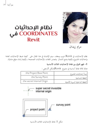 29 ‫ابيا‬‫ر‬‫أ‬ ‫بيم‬
‫اإلحداثيات‬ ‫نظام‬
‫في‬ COORDINATES
Revit
‫يدان‬‫ز‬ ‫ام‬‫ر‬‫م‬
‫العامة‬ ‫اإلحداثيات‬ ‫ضبط‬ ‫كيفية‬ ‫على‬ ‫املقال‬ ‫هذا‬ ‫يف‬ ‫اإلضاءة‬ ‫سيتم‬ ،‫ومعقد‬ ‫يب‬‫ر‬‫غ‬ Revit ‫يف‬ ‫اإلحداثيات‬ ‫نظام‬
.‫مشرتك‬ ‫موقع‬ ‫إنشاء‬ ‫كيفية‬‫و‬ ، ‫الصحيحة‬ ‫ابإلحداثيات‬ ‫امللفات‬ ‫وتصدير‬ ‫الشمال‬ ‫وضع‬ ‫كيفية‬‫و‬ ،‫املشروع‬ ‫وإحداثيات‬
‫األساسية‬ ‫الثالث‬ ‫اإلحداثيات‬ ‫نقاط‬ ‫بني‬ ‫الفرق‬ ‫فهم‬ -1
: ‫وهي‬ )1 ‫(شكل‬Revit ‫مشروع‬ ‫يف‬ ‫أساسية‬ ‫نقاط‬ ‫ثالثة‬ ‫هناك‬
‫املشروع‬ ‫إحداثيات‬ ‫مبدأ‬:the Project Base Point
‫املساحية‬ ‫النقطة‬:the Survey Point
‫األصلية‬ ‫ية‬‫ر‬‫الس‬ ‫الداخلية‬ ‫النقطة‬:the secret Internal Origin
‫األساسية‬ ‫الثالث‬ ‫اإلحداثيات‬ ‫نقاط‬ /1 ‫شكل‬
 