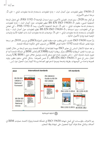 :2 ‫اجلزء‬ - ‫املباين‬ ‫معلومات‬ ‫منذجة‬ ‫ابستخدام‬ ‫املعلومات‬ ‫إدارة‬ - ‫البناء‬ ‫أعمال‬ ‫حول‬ ‫املعلومات‬ ‫تنظيم‬ 19650-2
.»‫األصول‬ ‫تسليم‬ ‫مرحلة‬
‫املرحلة‬ ‫تتناول‬ ‫اليت‬ ،PAS 1192-3 ‫اصفة‬‫و‬‫امل‬ ‫استبدال‬ ‫سيتم‬ ،‫ين‬‫ر‬‫اآلخ‬ ‫ين‬‫ر‬‫املعيا‬ ‫إصدار‬ ‫سيتم‬ ،2020 ‫عام‬ ‫ائل‬‫و‬‫أ‬ ‫يف‬
‫املعلومات‬ ‫إدارة‬ - ‫البناء‬ ‫أعمال‬ ‫حول‬ ‫املعلومات‬ ‫تنظيم‬ BS EN ISO 19650-3 ‫ابملعيار‬ ،‫للمبىن‬ ‫التشغيلية‬
‫تتعامل‬ ‫اليت‬ ، PAS 1192-5 ‫بينما‬ ،‫لألصول‬ ‫التشغيلية‬ ‫املرحلة‬ :3 ‫اجلزء‬ - ‫املباين‬ ‫معلومات‬ ‫منذجة‬ ‫ابستخدام‬
‫إدارة‬ - ‫البناء‬ ‫أعمال‬ ‫حول‬ ‫املعلومات‬ ‫تنظيم‬ BS EN ISO 19650-5 ‫ـ‬‫ب‬ ‫استبداهلا‬ ‫سيتم‬ ،‫املعلومات‬ ‫أمن‬ ‫مع‬
‫البيئات‬‫و‬ ‫األمنية‬ ‫العقلية‬ ‫ذات‬ ‫البناء‬ ‫معلومات‬ ‫منذجة‬ ‫اصفات‬‫و‬‫م‬ :5 ‫اجلزء‬ - ‫املباين‬ ‫معلومات‬ ‫منذجة‬ ‫ابستخدام‬ ‫املعلومات‬
. ‫الذكية‬ ‫األصول‬ ‫وإدارة‬ ‫املبنية‬ ‫الرقمية‬
‫نسخة‬ ‫هو‬ ،2018 ‫ديسمرب‬ ‫يف‬ )ISO( ‫لية‬‫و‬‫الد‬ ‫املعايري‬ ‫منظمة‬ ‫عليه‬ ‫افقت‬‫و‬ ‫الذي‬ ،‫اجلديد‬ ISO 19650 ‫اعتماد‬ ّ‫ن‬‫إ‬
.‫املتحدة‬ ‫اململكة‬ ‫حلكومة‬ ‫الثاين‬ ‫املستوى‬ ‫من‬ BIM ‫لفرض‬ ‫احلالية‬ 1192 ‫املتحدة‬ ‫اململكة‬ ‫ملعايري‬ ‫لية‬‫و‬‫د‬
‫عاون‬ّ‫الت‬ ‫خالل‬ ‫من‬ ‫الرحلة‬ ‫دعم‬ ‫ويتم‬ ،‫املتحدة‬ ‫اململكة‬ ‫يف‬ ‫ناعة‬ّ‫للص‬ ‫مهمة‬ ISO ‫معايري‬ ‫إىل‬ ‫السلس‬ ‫االنتقال‬ ‫عملية‬ ‫تعد‬ ‫و‬
‫مت‬ ‫كما‬‫املتحدة‬ ‫اململكة‬ ‫يف‬ BIM ‫وحتالف‬ )CDBB( ‫الرقمية‬ ‫يطانيا‬‫ر‬‫ب‬ ‫كز‬‫ومر‬ ،)BSI( ‫يطانية‬‫رب‬‫ال‬ ‫املعايري‬ ‫مؤسسة‬ ‫بني‬
‫وضمان‬ UK BIM ‫ـ‬‫ل‬ ‫دويل‬ ‫غالف‬ ‫وتوصيل‬ ‫إلنشاء‬ ‫ق‬ّ‫منس‬ ‫هنج‬ ‫ابتباع‬ ‫ملتزمون‬ ‫«حنن‬ : ‫التايل‬ ‫املشرتك‬ ‫ابلبيان‬ ‫يزه‬‫ز‬‫تع‬
‫ونؤيد‬ ‫بتطوير‬ ‫سنقوم‬ ‫مجاعي‬ ‫بشكل‬ .‫جمموعتنا‬ ‫ضمن‬ 2 ‫و‬ BS EN ISO 19650-1 ‫دمج‬ ‫يف‬ ‫سلس‬ ‫انتقال‬
. ‫لبس‬ ‫دون‬ ‫التحول‬ ‫اء‬‫ر‬‫إج‬ ‫كيفية‬‫ورسالة‬ ‫الصناعة‬ ‫فهم‬ ‫لدعم‬ ‫وموجزة‬ ‫اضحة‬‫و‬ ‫يقة‬‫ر‬‫بط‬ ‫التوجيهات‬ ‫من‬ ‫احدة‬‫و‬ ‫جمموعة‬
‫يف‬ BIM ‫عمليات‬ ‫العتماد‬ ‫ا‬ً‫لي‬‫و‬‫ود‬ ‫املتحدة‬ ‫اململكة‬ ‫يف‬ ISO 19650 ‫شهادة‬ ‫حتمل‬ ‫اليت‬ ‫ابملؤسسات‬ ‫اف‬‫رت‬‫االع‬ ‫يتم‬
.‫للمعايري‬ ‫ا‬ً‫ق‬‫وف‬ ‫شهادة‬ ‫على‬ ‫للحصول‬ ‫كبرية‬‫ائد‬‫و‬‫ف‬ ‫هناك‬ ‫وابلتايل‬ ،‫أعماهلا‬
40 ‫ابيا‬‫ر‬‫أ‬ ‫بيم‬
‫البريطانية‬ ‫االكواد‬
 