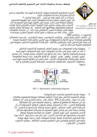 11 ‫الرابع‬ ‫العدد‬ bimarabia
‫حتى‬ ‫و‬ ‫والتنفيذ‬ ‫الهندسة‬ ‫و‬ ‫الدراسة‬ ‫سهلة‬ ‫العمرانية‬ ‫المشاريع‬ ‫أصبحت‬
,‫البناء‬ ‫معلومات‬ ‫نمذجة‬ ‫باستخدام‬ ‫اإلدارة‬
‫؟‬ ‫وكيف‬ ‫لماذا‬ ‫لكن‬ ... ‫قبل‬ ‫من‬ ‫هذا‬ ‫تعلم‬ ‫أنك‬ ‫بد‬ ‫,ال‬ً‫ا‬‫حسن‬
‫المتسارع‬ ‫تطورها‬ ‫مع‬ ‫البناء‬ ‫معلومات‬ ‫نمذجة‬ ‫تقنية‬ ‫كشف‬ ‫يكون‬ ‫قد‬
‫أحد‬ ‫التقليدية‬ ‫الهندسية‬ ‫ظم‬ُ‫الن‬ ‫في‬ ‫عمياء‬ ‫كانت‬ ‫التي‬ ‫النقاط‬ ‫معظم‬
‫قرارات‬ ‫اتخاذ‬ ‫القرارمن‬ ‫أصحاب‬ ‫التقنية‬ ‫هذه‬ ‫تمكين‬ ‫يبقى‬ ‫لكن‬ .‫االسباب‬
‫صحيح‬ ‫بشكل‬ ‫تنفيذها‬ ‫ثم‬ , ‫التنفيذ‬ ‫قبل‬ ‫بعواقبها‬ ‫لمعرفتهم‬ ‫فيصلية‬
‫معلومات‬ ‫نمذجة‬ ‫أن‬ . ‫ذلك‬ ‫وراء‬ ‫الحقيقي‬ ‫السبب‬ ‫معقدة‬ ‫كانت‬ ‫مهما‬
‫بمساعدة‬ ‫البشري‬ ‫العقل‬ ‫قدرات‬ ‫تعزيز‬ ‫محاوالت‬ ‫من‬ ‫أصال‬ ‫نشأت‬ ‫البناء‬
1962 ‫دوغالس‬ .‫د‬ ‫الحاسوب‬
‫المشاكل‬ ‫سبب‬ ‫الن‬ , ‫الحواسيب‬ ‫بعمل‬ ‫الحواسيب‬ ‫وتكليف‬ , ‫البشر‬ ‫بعمل‬ ‫البشر‬ ‫تكليف‬ :‫أي‬
‫مفيدة‬ ‫التقنية‬ ‫هذه‬ ‫وكون‬ ‫اإلثنين‬ ‫بين‬ ‫المسؤوليات‬ ‫و‬ ‫األدوار‬ ‫تبديل‬ ‫هوعادة‬ ‫والتقصير‬
‫في‬ ‫خصوصا‬ ‫الداخلي‬ ‫للتصميم‬ ‫فائدة‬ ‫أكثر‬ ‫بالتأكيد‬ ‫فستكون‬ ‫البناء‬ ‫في‬ ‫الدرجة‬ ‫هذه‬ ‫الى‬
: ‫يلي‬ ‫ما‬ ‫خالل‬ ‫من‬ ‫الكبيرة‬ ‫المشاريع‬
11 .‫الداخلي‬ ‫التنفيذ‬ ‫أو‬ ‫التصميم‬ ‫أطراف‬ ‫جميع‬ ‫بين‬ ‫المعلومات‬ ‫تبادل‬ ‫سهولة‬
‫الهندسية‬ ‫المعلومات‬ ‫هو‬ ‫البناء‬ ‫معلومات‬ ‫نمذجة‬ ‫في‬ ‫عنصر‬ ‫أهم‬ ‫أن‬ ‫شك‬ ‫ال‬
‫تعديل‬ ‫باي‬ ‫الوقت‬ ‫بنفس‬ ‫االطراف‬ ‫كل‬ ‫إخطار‬ ‫يتم‬ ‫حيث‬ , ‫تبادلها‬ ‫ومركزية‬ ‫وسرعة‬
‫المعلومة‬ ‫ترتبط‬ ‫,حيث‬ ‫بالتنفيذ‬ ‫أوامر‬ ‫أو‬ , ‫تعليق‬ , ‫تفرع‬ , ‫تطوير‬ , ‫تصحيح‬ ,‫,تغيير‬
‫الهندسي‬ ‫المسح‬ ‫تطابق‬ ‫من‬ ‫يجعل‬ ‫مما‬ .‫األخرى‬ ‫بالمعلومات‬ ‫ومتأثر‬ ‫مؤثر‬ ‫بشكل‬
‫أمرا‬ ‫و‬ ‫والمالي‬ ‫الزمني‬ ‫المخطط‬ ,‫التنفيذيه‬ ‫المخططات‬ ,‫التصميم‬ ‫,مخططات‬
.ً‫ا‬‫بديهي‬
22 .: ‫الميزانية‬ ‫مع‬ ‫ليتناسب‬ ‫التصميم‬ ‫تعديل‬ ‫مرونة‬
‫والمالك‬ ‫للمصممن‬ ‫حقيقة‬ ‫مشكلة‬ ‫أذواقه‬ ‫اتساع‬ ‫مع‬ ‫الداخلي‬ ‫التصميم‬ ‫يشكل‬
‫منطقة‬ ‫أي‬ ‫في‬ ‫التعديل‬ ‫يمكن‬ , ‫عام‬ ‫بشكل‬ BIM ‫ال‬ ‫مع‬ ‫ولكن‬ , ‫سواء‬ ‫حد‬ ‫على‬
‫المساقط‬ ‫كل‬ ‫في‬ ‫تطبيقه‬ ‫سيتم‬ ‫و‬ , ‫منظور‬ ‫او‬ ‫مقطع‬ ‫او‬ ‫مسقط‬ ‫اي‬ ‫من‬
‫أن‬ ‫أي‬ ‫المستقلة‬ ‫النوافذ‬ ‫باسلوب‬ ‫يعمل‬ ‫البرنامج‬ ‫أن‬ ‫ذلك‬ , ‫األخرى‬ ‫والمقاطع‬
‫لذا‬ , ‫االصلي‬ ‫النموذج‬ ‫مع‬ ‫متصلة‬ ‫جميعا‬ ‫لكنها‬ , ‫مستقل‬ ‫ملف‬ ‫هي‬ ‫نافذة‬ ‫كل‬
‫بالبدائل‬ ‫لمقارنتها‬ ‫تعديالته‬ ‫أو‬ ‫التصميم‬ ‫تطور‬ ‫مراحل‬ ‫من‬ ‫نسخ‬ ‫حفظ‬ ‫يمكنك‬
‫مخاطر‬ ‫معرفة‬ ‫امكانية‬ ‫عن‬ ‫ناهيك‬ , ‫الملف‬ ‫نفس‬ ‫في‬ ‫للتصميم‬ ‫األخرى‬
‫دورة‬ ‫أدناه‬ . ‫نمذجتها‬ ‫تمت‬ ‫حال‬ ‫في‬ ‫األخرى‬ ‫الخدمات‬ ‫مع‬ ‫وتعارضها‬ ‫التعديالت‬
‫مرونة‬ ‫فيها‬ ‫نجد‬ ‫و‬ ,‫البناء‬ ‫معومات‬ ‫نمذجة‬ ‫تقنية‬ ‫باستخدام‬ ‫التصميم‬ ‫حياة‬
‫االسلوب‬ ‫بعكس‬ , ‫التكلفة‬ ‫ليناسب‬ ‫التصميم‬ ‫في‬ ‫والتعديل‬ ‫التراجع‬ ‫في‬ ‫عالية‬
.)‫(الخطي‬ ‫التقليدي‬
‫الداخلي‬ ‫والتنفيذ‬ ‫التصميم‬ ‫في‬ ‫البناء‬ ‫معلومات‬ ‫نمذجة‬ ‫توظيف‬
‫لطفي‬ ‫أحمد‬
.Sr. Architect / Artist /Sr
ahmad.lutfi.v@gmail.com
 