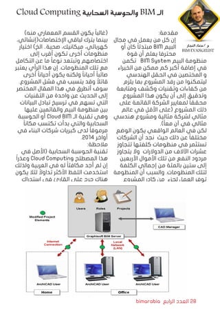 bimarabia ‫الرابع‬ ‫العدد‬ 28
:‫مقدمة‬
‫مجال‬ ‫في‬ ‫يعمل‬ ‫من‬ ‫كل‬ ‫إن‬
‫أو‬ ‫كان‬ ً‫ا‬‫مبتدئ‬ BIM ‫البيم‬
‫قوة‬ ‫أن‬ ‫يعلم‬ ‫محترفا‬
‫تكمن‬ BIM System ‫البيم‬ ‫منظومة‬
‫الخبراء‬ ‫من‬ ‫ممكن‬ ‫كم‬ ‫أكبر‬ ‫إضافة‬ ‫في‬
‫الهندسي‬ ‫الحقل‬ ‫في‬ ‫المختصين‬ ‫و‬
‫يلزم‬ ‫بما‬ ‫المشروع‬ ‫رفد‬ ‫من‬ ‫ليتمكنوا‬
‫ومتابعة‬ ‫وكشف‬ ‫وتقنيات‬ ‫كفاءات‬ ‫من‬
‫المشروع‬ ‫هذا‬ ‫يكون‬ ‫أن‬ ‫إلى‬ ‫وتدقيق‬
‫على‬ ‫القائمة‬ ‫الشركة‬ ‫لمعايير‬ ً‫ا‬‫محقق‬
‫عالم‬ ‫في‬ ‫األقل‬ ‫(على‬ ‫المشروع‬ ‫ذلك‬
‫هندسي‬ ‫ومشروع‬ ‫مثالية‬ ‫لشركة‬ ‫مثالي‬
.)ً‫ا‬‫مع‬ ‫آن‬ ‫في‬ ‫مثالي‬
‫الوضع‬ ‫يكون‬ ‫الواقعي‬ ‫العالم‬ ‫في‬ ‫لكن‬
‫الشركات‬ ‫أن‬ ‫نجد‬ ‫حيث‬ ‫ذلك‬ ‫عن‬ ً‫ا‬‫مختلف‬
‫تتجاوز‬ ‫كلفتها‬ ‫منظومات‬ ‫في‬ ‫تستثمر‬
‫يتجاوز‬ ‫وال‬ ‫الدوالرات‬ ‫من‬ ‫اآلالف‬ ‫عشرات‬
‫األربعين‬ ‫األموال‬ ‫تلك‬ ‫من‬ ‫النفع‬ ‫مردود‬
‫الكلفة‬ ‫إجمالي‬ ‫من‬ ‫بالمئة‬ ‫ستين‬ ‫إلى‬
‫المنظومة‬ ‫أن‬ ‫والسبب‬ .‫المنظومات‬ ‫لتلك‬
‫المشروع‬ ‫كادر‬ ‫من‬ ‫لجزء‬ ‫العمل‬ ‫توفر‬
)‫منه‬ ‫المعماري‬ ‫القسم‬ ‫يكون‬ ً‫ا‬‫(غالب‬
،‫اﻹختصاصات(إنشائي‬ ‫لباقي‬ ‫يترك‬ ‫بينما‬
‫اختيار‬ )‫الخ‬ ..‫صحية‬ ،‫ميكانيك‬ ،‫كهربائي‬
‫إلى‬ ‫أقرب‬ ‫تكون‬ ‫أخرى‬ ‫منظومات‬
‫التكامل‬ ‫عن‬ ‫ما‬ ً‫ا‬‫نوع‬ ‫وتبتعد‬ ‫اختصاصهم‬
‫يعتبر‬ ‫الرأي‬ ‫هذا‬ ‫إن‬ .‫المنظومات‬ ‫تلك‬ ‫مع‬
‫أخرى‬ ً‫ا‬‫أحيان‬ ‫يكون‬ ‫ولكنه‬ ً‫ا‬‫أحيان‬ ً‫ا‬‫صائب‬
.‫المشروع‬ ‫فشل‬ ‫في‬ ‫يتسبب‬ ‫وقد‬ ً‫قاتال‬
‫المختصر‬ ‫المقال‬ ‫هذا‬ ‫في‬ ‫أتطرق‬ ‫سوف‬
‫التقنيات‬ ‫من‬ ‫واحدة‬ ‫عن‬ ‫الحديث‬ ‫إلى‬
‫البيانات‬ ‫تبادل‬ ‫ترسيخ‬ ‫في‬ ‫تسهم‬ ‫التي‬
‫عليها‬ ‫والقائمين‬ ‫البيم‬ ‫منظومة‬ ‫بين‬
‫الحوسبة‬ ‫أو‬ Cloud BIM ‫الـ‬ ‫تقنية‬ ‫وهي‬
ً‫ا‬‫مكان‬ ‫تكتسب‬ ‫بدأت‬ ‫والتي‬ ‫السحابية‬
‫في‬ ‫البناء‬ ‫شركات‬ ‫كبريات‬ ‫لدى‬ ً‫ا‬‫مرموق‬
.2014 ‫أواخر‬
:‫مالحظة‬
‫في‬ ‫(األصل‬ ‫السحابية‬ ‫الحوسبة‬ ‫تقنية‬
ً‫ا‬‫وعذر‬ Cloud Computing ‫المصطلح‬ ‫هذا‬
‫ولذلك‬ ‫العربية‬ ‫في‬ ‫له‬ ً‫ا‬‫مكافئ‬ ‫أجد‬ ‫لم‬ ‫إن‬
‫يكون‬ ‫لئال‬ ً‫تداوال‬ ‫األكثر‬ ‫اللفظ‬ ‫استخدمت‬
‫استدراك‬ ‫في‬ ‫القارئ‬ ‫على‬ ‫حرج‬ ‫هناك‬
Cloud Computing ‫السحابية‬ ‫والحوسبة‬ BIM ‫الـ‬
‫النجار‬ ‫معاذ‬/ ‫م‬
BIM EVANGELIST
 
