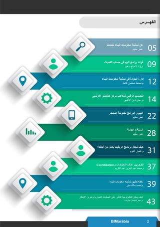 2BIMarabia
12
28
09‫اﻟﻜﻤﯿﺎت‬ ‫ﺣﺴﺎب‬ ‫ﻓﻲ‬ ‫اﻟﺒﯿﻢ‬ ‫ﺑﺮاﻣﺞ‬ ‫ﻓﻮاﺋﺪ‬
‫ﺳﻌﯿﺪ‬ ‫اﻟﺤﺎج‬ ‫م.إﯾﺎد‬
14
22
05
‫ﻧﺘﺤﺪث‬ ‫اﻟﺒﻨﺎء‬ ‫ﻣﻌﻠﻮﻣﺎت‬ ‫ﻧﻤﺬﺟﺔ‬ ‫ﻋﻦ‬
‫ﺳﻠﯿﻢ‬ ‫ﻋﻤﺮ‬
31$
‫اﻟﻔﮭـــﺮس‬
39
37Coordination‫و‬ ‫اﻟﺘﻌﺎرﺿﺎت‬ ‫ﻛﺸﻒ‬ ‫ﺑﯿﻦ‬ ‫اﻟﻔﺮق‬
‫اﻟﻜﺮﯾﻢ‬ ‫ﻋﺒﺪ‬ ‫اﻟﻌﺰﯾﺰ‬ ‫ﻋﺒﺪ‬ ‫م.ﻣﺤﻤﺪ‬
43
‫اﻟﺒﻨﺎء‬ ‫ﻣﻌﻠﻮﻣﺎت‬ ‫ﻧﻤﺬﺟﺔ‬ ‫ﻓﻲ‬ ‫اﻟﺠﻮدة‬ ‫إدارة‬
‫ﻛﺎﻣﻞ‬ ‫ﻣﺤﺴﻦ‬ ‫م.ﻣﺤﻤﺪ‬
‫اﻷوﻟﻤﺒﻲ‬ ‫ھﺎﻧﻐﺸﻮ‬ ‫ﻣﺮﻛﺰ‬ ‫ﻟﻤﻼﻋﺐ‬ ‫اﻟﺮﻗﻤﻲ‬ ‫اﻟﺘﺼﻤﯿﻢ‬
‫اﻷﺷﮭﺮ‬ ‫ﺑﻦ‬ ‫ﺳﺎرة‬ .‫م‬
‫اﻟﻤﺼﺪر‬ ‫ﻣﻔﺘﻮﺣﺔ‬ ‫اﻟﺒﺮاﻣﺞ‬ ‫و‬ ‫اﻟﺒﯿﻢ‬
‫ﺳﻠﯿﻢ‬ ‫ﻋﻤﺮ‬
‫اﺟﻮﺑﺔ‬ ‫و‬ ‫اﺳﺌﻠﺔ‬
‫ﺳﻠﯿﻢ‬ ‫ﻋﻤﺮ‬
‫أﺟﻠﻚ؟‬ ‫ﻣﻦ‬ ‫ﯾﻌﻤﻞ‬ ‫اﻟﺮﯾﻔﯿﺖ‬ ‫ﺑﺮﻧﺎﻣﺞ‬ ‫ﺗﺠﻌﻞ‬ ‫ﻛﯿﻒ‬
‫اﻟﺘﻮم‬ ‫م.ﻋﻤﺎر‬
‫اﻟﺒﻨﺎء‬ ‫ﻣﻌﻠﻮﻣﺎت‬ ‫ﻧﻤﺬﺟﮫ‬ ‫ﺗﻄﺒﯿﻖ‬ ‫ﺧﻄﮫ‬
‫ﻣﻨﯿﺮ‬ ‫ﻣﺎﻟﻚ‬ ‫م/ﻣﺤﻤﺪ‬
‫اﻻﺑﺘﻜﺎر‬ ‫وﺗﻌﺰﯾﺰ‬ ‫اﻟﺘﺠﺎرﯾﺔ‬ ‫اﻟﻌﻤﻠﯿﺎت‬ ‫ﻋﻠﻰ‬ ‫اﻟﺘﺄﺛﯿﺮ‬ ‫ﻟﻠﺘﻜﻨﻮﻟﻮﺟﯿﺎ‬ ‫ﯾﻤﻜﻦ‬ ‫ﻛﯿﻒ‬
‫ﻣﺸﺮف‬ ‫ﻓﯿﺼﻞ‬ ‫ﺣﻤﺰة‬ .‫م‬
 