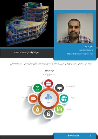 6BIMarabia
‫نتحدث‬ ‫البناء‬ ‫معلومات‬ ‫نمذجة‬ ‫عن‬
‫سليم‬ ‫عمر‬
BIM MANAGER
/https://draftsman.wordpress.com
‫القرار‬ ‫التخاذ‬ ‫نحتاجها‬ ‫التي‬ ‫الكهروميكانيكيه‬ ‫و‬ ‫واالنشائية‬ ‫المعمارية‬ ‫التفاصيل‬ ‫بكل‬ ‫للمبني‬ ‫رقمي‬ ‫نموذج‬ ‫عمل‬ : ‫المباني‬ ‫معلومات‬ ‫نمذجة‬
BIM‫ال‬ ‫فوائد‬
‫اﻟﺘﻌﺎرﺿﺎت‬ ‫ﺣﻞ‬
‫اﻟﺘﻜﻠﻔﺔ‬ ‫ﺗﻘﻠﻴﻞ‬
‫اﻟﻮﻗﺖ‬ ‫ﺗﻘﻠﻴﻞ‬
‫اﻟﻬﺎﻟﻚ‬ ‫ﺗﻘﻠﻴﻞ‬
‫اﻻﻗﺴﺎم‬ ‫ﺟﻤﻴﻊ‬ ‫ﺑني‬ ‫اﻟﺘﻌﺎون‬
BIM
‫اﻻرﺑﺎح‬ ‫زﻳﺎدة‬
‫اﻟﺪﻗﻴﻖ‬ ‫اﻟﺤﴫ‬
‫اﻧﺘﻬﺎء‬ ‫ﺑﻌﺪ‬ ‫اﻟﺼﻴﺎﻧﺔ‬ ‫ﻋﻤﻠﻴﺔ‬ ‫ﰲ‬ ‫ﻳﺴﺎﻋﺪ‬
‫اﳌﴩوع‬
 