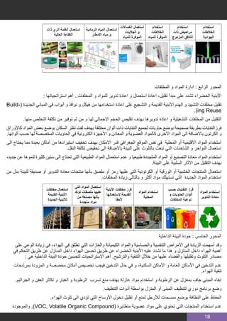 18
‫ذات‬ ‫الري‬ ‫أنظمة‬ ‫استعمال‬
‫العالية‬ ‫الكفاءة‬
‫الرمادية‬ ‫المياه‬ ‫استعمال‬
‫األمطار‬ ‫مياه‬ ‫و‬
‫الغساالت‬ ‫استعمال‬
‫الجاليات‬ ‫و‬
‫للمياه‬ ‫الموفرة‬
‫استخدام‬
‫الخالطات‬
‫للمياه‬ ‫الموفرة‬
‫استخدام‬
‫ذات‬ ‫مراحيض‬
‫المزدوج‬ ‫التدفق‬
‫استخدام‬
‫الخالطات‬
‫الهوائية‬
‫المخلفات‬ ‫و‬ ‫المواد‬ ‫ادارة‬ : ‫الرابع‬ ‫المحور‬
: ‫استراتجياتها‬ ‫أهم‬ ..‫المخلفات‬ ‫و‬ ‫للمواد‬ ‫تدوير‬ ‫اعادة‬ ‫و‬ ‫استعمال‬ ‫اعادة‬ ،‫تقليل‬ ‫مبدأ‬ ‫على‬ ‫تشدد‬ ‫الخضراء‬ ‫األبنية‬
Build�  (‫الجديدة‬ ‫المباني‬ ‫في‬ ‫أبواب‬ ‫و‬ ‫نوافذ‬ ‫و‬ ‫هيكل‬ ‫من‬ ‫استخدامها‬ ‫اعادة‬ ‫على‬ ‫التشجيع‬ ‫و‬ ‫القديمة‬ ‫األبنية‬ ‫الهدم‬ ‫و‬ ‫التشييد‬ ‫مخلفات‬ ‫تقليل‬(
.)ing Reuse
.‫منها‬ ‫التخلص‬ ‫تكلفة‬ ‫من‬ ‫توفير‬ ‫ثم‬ ‫من‬ ‫و‬ ‫لها‬ ‫االجمالي‬ ‫الحجم‬ ‫تقليص‬ ‫بهدف‬ ‫تدويرها‬ ‫اعادة‬ ‫و‬ ‫التشغيلية‬ ‫المخلفات‬ ‫من‬ ‫التقليل‬
‫كاألوراق‬ ‫المواد‬ ‫بعض‬ ‫بوضع‬ ‫السكان‬ ‫نظر‬ ‫لفت‬ ‫بهدف‬ ‫مختلفة‬ ‫ألوان‬ ‫ذات‬ ‫النفايات‬ ‫لجميع‬ ‫حاويات‬ ‫بوضع‬ ‫صحيحة‬ ‫بطريقة‬ ‫فرزالنفايات‬
.‫ألوانها‬ ‫حسب‬ ‫لها‬ ‫المخصصة‬ ‫الحاويات‬ ‫في‬ ‫الكترونية‬ ‫األجهزة‬ ‫و‬ ‫المعادن‬ ‫و‬ ‫العضوية‬ ‫كالمواد‬ ‫األخرى‬ ‫المواد‬ ‫الى‬ ‫باالضافة‬ ‫الكرتون‬ ‫و‬
‫الى‬ ‫يحتاج‬ ‫مما‬ ‫بعيدة‬ ‫أماكن‬ ‫من‬ ‫استيرادها‬ ‫تخفيف‬ ‫بهدف‬ ‫االمكان‬ ‫قدر‬ ‫الجغرافي‬ ‫الموقع‬ ‫نفس‬ ‫في‬ ‫المحلية‬ ‫أو‬ ‫االقليمية‬ ‫المواد‬ ‫أستخدام‬
.‫النقل‬ ‫تكلفة‬ ‫تخفيض‬ ‫الى‬ ‫باالضافة‬ ‫البيئة‬ ‫على‬ ‫بالتلوث‬ ‫تبعث‬ ‫التي‬ ‫الشاحنات‬ ‫و‬ ‫البواخر‬ ‫استعمال‬
،‫جديد‬ ‫عن‬ ‫لنموها‬ ‫كثيرة‬ ‫سنين‬ ‫الى‬ ‫تحتاج‬ ‫التي‬ ‫الطبيعية‬ ‫المواد‬ ‫استعمال‬ ‫عدم‬ ‫و‬ ‫طبيعيا‬ ‫المتجددة‬ ‫المواد‬ ‫أو‬ ‫التصنيع‬ ‫معادة‬ ‫المواد‬ ‫أستخدام‬
.‫البيئة‬ ‫على‬ ‫السلبية‬ ‫اآلثار‬ ‫من‬ ‫التقليل‬ ‫بهدف‬
‫من‬ ‫بدل‬ ‫للبيئة‬ ‫صديقة‬ ‫أو‬ ‫التدوير‬ ‫معادة‬ ‫منتجات‬ ‫بأنها‬ ‫ملصق‬ ‫أو‬ ‫رمز‬ ‫عليها‬ ‫التي‬ ‫الكرتونية‬ ‫أو‬ ‫الورقية‬ ‫أو‬ ‫الخشبية‬ ‫المنتجات‬ ‫استعمال‬
.‫المخلفات‬ ‫زيادة‬ ‫بالتالي‬ ‫و‬ ‫أكثر‬ ‫مواد‬ ‫تستهلك‬ ‫التي‬ ‫الجديدة‬ ‫المواد‬ ‫استخدام‬
‫مخلفات‬ ‫استعمال‬
‫القديمة‬ ‫األبنية‬
‫الجديدة‬ ‫لألبنية‬
‫التي‬ ‫المواد‬ ‫استعمال‬
‫تؤكد‬ ‫ملصقات‬ ‫عليها‬
‫من‬ ‫مصنعة‬ ‫بأنها‬
‫متجددة‬ ‫مواد‬
‫األبنية‬ ‫مخلفات‬ ‫فرز‬
‫الستعمالها‬ ‫القديمة‬
‫الحقا‬
‫المواد‬ ‫استخدام‬
‫المحلية‬
‫حسب‬ ‫النفايات‬ ‫فرز‬
‫و‬ ‫الحاويات‬ ‫ألوان‬
‫المخلفات‬ ‫نوعية‬
‫المواد‬ ‫استخدام‬
‫التدوير‬ ‫معادة‬
‫الداخلية‬ ‫البيئة‬ ‫جودة‬ : ‫الخامس‬ ‫المحور‬
‫على‬ ‫الوعي‬ ‫زيادة‬ ‫في‬ ،‫الهواء‬ ‫في‬ ‫تطلق‬ ‫التي‬ ‫والغازات‬ ‫الكيميائة‬ ‫والمواد‬ ‫والحساسية‬ ‫التنفسية‬ ‫األمراض‬ ‫في‬ ‫الزيادة‬ ‫أسهمت‬ ‫وقد‬
‫في‬ ‫التحكم‬ ‫طريق‬ ‫عن‬ ‫المنازل‬ ‫داخل‬ ‫الهواء‬ ‫تحسين‬ ‫طريق‬ ‫عن‬ ‫الخضراء‬ ‫األبنية‬ ‫عليه‬ ‫تشدد‬ ‫ما‬ ‫هذا‬ ‫و‬ ‫المنازل‬ ‫داخل‬ ‫الهواء‬ ‫أهمية‬
: ‫هي‬ ‫الداخلية‬ ‫البيئة‬ ‫جودة‬ ‫لتحسين‬ ‫االستراتجيات‬ ‫أهم‬ .‫والترشيح‬ ‫التنقية‬ ‫خالل‬ ‫من‬ ‫عليها‬ ‫والقضاء‬ ‫وتقليلها‬ ‫التلوث‬ ‫مصادر‬
‫بمرشحات‬ ‫المزودة‬ ‫و‬ ‫مخصصة‬ ‫أمكان‬ ‫تخصيص‬ ‫فيجب‬ ‫التدخين‬ ‫حال‬ ‫في‬ ‫و‬ ،‫السكنية‬ ‫األماكن‬ ‫و‬ ‫العامة‬ ‫األماكن‬ ‫في‬ ‫التدخين‬ ‫عدم‬
.‫الهواء‬ ‫تنقية‬
.‫الجراثيم‬ ‫و‬ ‫العفن‬ ‫تكاثر‬ ‫و‬ ‫الغبار‬ ‫و‬ ‫الرطوبة‬ ‫تسرب‬ ‫منع‬ ‫بهدف‬ ‫عازلة‬ ‫مواد‬ ‫استخدام‬ ‫و‬ ‫الرطوبة‬ ‫عن‬ ‫بمعزل‬ ‫جاف‬ ‫المبنى‬ ‫ابقاء‬
.‫التنظيف‬ ‫أدوات‬ ‫بواسطة‬ ‫المنزل‬ ‫أو‬ ‫المبنى‬ ‫لتنظيف‬ ‫دوري‬ ‫برنامج‬ ‫وضع‬
.‫الهواء‬ ‫تلوث‬ ‫الى‬ ‫تؤدي‬ ‫التي‬ ‫األوساخ‬ ‫دخول‬ ‫تقليل‬ ‫أو‬ ‫لمنع‬ ‫لألرجل‬ ‫ممسحات‬ ‫بوضع‬ ‫النظافة‬ ‫على‬ ‫الحفاظ‬
‫والموجودة‬ ,)VOC, Volatile Organic Compound( ‫متطايرة‬ ‫عضوية‬ ‫مواد‬ ‫على‬ ‫تحتوي‬ ‫التي‬ ‫المنتجات‬ ‫استخدام‬ ‫عدم‬
 