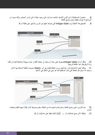 31
‫ان‬ ‫بسبب‬ ‫وذلك‬ ‫الدينامو‬ ‫أوامر‬ ‫في‬ ‫ما‬ ‫خطأ‬ ‫وجود‬ ‫على‬ ‫يدل‬ ‫مما‬ ‫الباهت‬ ‫األصفر‬ ‫اللون‬ ‫الى‬ ‫المستطيالت‬ ‫ستتحول‬ 	.8
‫النقاط‬ ‫ووضع‬ ‫نسخ‬ ‫كيفية‬ ‫يعرف‬ ‫ال‬ ‫البرنامج‬
X ‫ال‬ ‫نقطة‬ ‫على‬ ‫السابق‬ ‫الدرس‬ ‫من‬ ‫عليها‬ ‫تعرفنا‬ ‫التي‬ Integer slider ‫نزيد‬ ‫الخطأ‬ ‫هذا‬ ‫لتصليح‬ 	.9
‫كلما‬ ‫ان‬ ‫أيضا‬ ‫ونالحظ‬ ‫بسهولة‬ ‫تمت‬ ‫التكرار‬ ‫عملية‬ ‫أن‬ ‫وسنجد‬ 1 ‫رقم‬ ‫على‬ ‫مضبوط‬Integer slider ‫ال‬ ‫أن‬ ‫نتأكد‬ 	.10
‫تدريجيا‬ ‫النقاط‬ ‫عدد‬ ‫يقل‬ ‫الرقم‬ ‫زدنا‬
‫األمر‬ ‫بهذا‬ ‫السابقة‬ ‫النقطة‬ ‫ونوصل‬ Watch ‫أمر‬ ‫وهو‬ ‫كلها‬ ‫النقاط‬ ‫وسرد‬ ‫لبيان‬ ‫هام‬ ‫بأمر‬ ‫االستعانة‬ ‫أيضا‬ ‫يمكننا‬ 	.11
‫األسفل‬ ‫في‬ ‫الشكل‬ ‫في‬ ‫مبين‬ ‫هو‬ ‫كما‬ ‫اضافتها‬ ‫تمت‬ ‫التي‬ ‫النقاط‬ ‫كل‬ ‫سجل‬ ‫أنه‬ ‫وسنجد‬
‫بعمليات‬ ‫للقيام‬ ‫تمهيدا‬ ‫قليال‬ ‫األمر‬ ‫بتبسيط‬ ‫سنقوم‬ ‫النقاط‬ ‫من‬ ‫لمجموعة‬ ‫قوائم‬ ‫وعمل‬ ‫النقاط‬ ‫وضع‬ ‫على‬ ‫التدريب‬ ‫بعد‬ 	.12
‫أخرى‬
X ‫ال‬ ‫احداثيات‬ ‫على‬ ‫فقط‬ ‫واالبقاء‬Y,Z ‫و‬ ‫ال‬ ‫احداثيات‬ ‫مسح‬ ‫اآلن‬ ‫يمكنك‬ 	.13
 