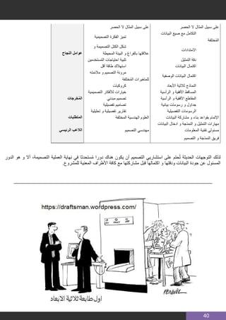 40
‫النجاح‬ ‫عوامل‬
‫الحصر‬ ‫ال‬ ‫المثال‬ ‫سبيل‬ ‫على‬ ‫الحصر‬ ‫ال‬ ‫المثال‬ ‫سبيل‬ ‫على‬
‫التصميمية‬ ‫الفكرة‬ ‫تميز‬
‫البيانات‬ ‫صيغ‬ ‫مع‬ ‫التكامل‬
‫ختلفة‬ُ‫م‬‫ال‬
‫و‬ ‫التصميمة‬ ‫الكتل‬ ‫شكل‬
‫المحيطة‬ ‫البيئة‬ ‫و‬ ‫بالفراغ‬ ‫عالقتها‬
‫االمتدادات‬
‫ستخدمين‬ُ‫م‬‫ال‬ ‫احتياجات‬ ‫تلبية‬ ‫التمثيل‬ ‫دقة‬
‫أقل‬ ‫طاقة‬ ‫استهالك‬ ‫البيانات‬ ‫اكتمال‬
‫مالئمته‬ ‫و‬ ‫التصميم‬ ‫مرونة‬
‫ختلفة‬ُ‫م‬‫ال‬ ‫للمتغيرات‬
‫الوصفية‬ ‫البيانات‬ ‫اكتمال‬
‫خرجات‬ُ‫م‬‫ال‬
‫كروكيات‬ ‫األبعاد‬ ‫ثالثية‬ ‫النماذج‬
‫التصميمية‬ ‫لألفكار‬ ‫خيارات‬ ‫الرأسية‬ ‫و‬ ‫األفقية‬ ‫المساقط‬
‫مبدئي‬ ‫تصميم‬ ‫الرأسية‬ ‫و‬ ‫األفقية‬ ‫المقاطع‬
‫تفصيلية‬ ‫تصاميم‬ ‫بيانية‬ ‫رسومات‬ ‫و‬ ‫جداول‬
 ‫تحليلية‬ ‫و‬ ‫تفصيلية‬ ‫تقارير‬ ‫التفصيلية‬ ‫الرسومات‬
‫المتطلبات‬ ‫المختلفة‬ ‫الهندسية‬ ‫العلوم‬ ‫البيانات‬ ‫مشاركة‬ ‫و‬ ‫بناء‬ ‫بقواعد‬ ‫اإللمام‬
  ‫البيانات‬ ‫ادخال‬ ‫و‬ ‫النمذجة‬ ‫و‬ ‫التمثيل‬ ‫مهارات‬
‫الرئيسي‬ ‫الالعب‬
 
‫التصميم‬ ‫مهندسي‬ ‫المعلومات‬ ‫تقنية‬ ‫مسئولي‬
  ‫التصميم‬ ‫و‬ ‫النمذجة‬ ‫فريق‬
‫الدور‬ ‫هو‬ ‫و‬ ‫أال‬ ،‫التصميمة‬ ‫العملية‬ ‫نهاية‬ ‫في‬ ‫ستحدثا‬ُ‫م‬ ‫دورا‬ ‫هناك‬ ‫يكون‬ ‫أن‬ ‫التصميم‬ ‫استشاريي‬ ‫على‬ ‫حتم‬ُ‫ت‬ ‫الحديثة‬ ‫التوجهات‬ ‫لذلك‬
.‫للمشروع‬ ‫المعنية‬ ‫األطراف‬ ‫كافة‬ ‫مع‬ ‫مشاركتها‬ ‫قبل‬ ‫اكتمالها‬ ‫و‬ ‫ودقتها‬ ‫البيانات‬ ‫جودة‬ ‫عن‬ ‫المسئول‬
 