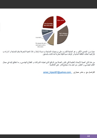 44
‫ب‬ ‫أدارته‬ ‫و‬ ‫النمذجة‬ ‫بعلم‬ ‫المعرفة‬ ‫أهمية‬ ‫تاله‬ ‫و‬ 34.5 ‫نسبة‬ ‫ب‬ ‫النمذجة‬ ‫برمجيات‬ ‫على‬ ‫للتدرب‬ ‫الحاجة‬ ‫هو‬ ‫و‬ ‫األكبر‬ ‫التحدي‬ ‫برز‬ ‫حيث‬
.‫بالسابق‬ ‫كانت‬ ‫لما‬ ‫مقارنة‬ ‫قليلة‬ ‫نسبة‬ ‫الوقت‬ ‫و‬ ‫المادية‬ ‫التكلفة‬ ‫أحتلت‬ ‫فيما‬ 24
‫مجال‬ ‫في‬ ‫إليه‬ ‫نتطلع‬ ‫ما‬ ‫و‬ ‫الهندسي‬ ‫القطاع‬ ‫و‬ ‫الشركات‬ ‫تعيشه‬ ‫الذي‬ ‫الواقع‬ ‫بين‬ ‫الصلة‬ ‫تكون‬ ‫لكي‬ ‫العلمية‬ ‫األبحاث‬ ‫أهمية‬ ‫تأتي‬ ‫هنا‬ ‫من‬
	. ‫التنافسية‬ ‫على‬ ‫قادر‬ ‫مجتمع‬ ‫بناء‬ ‫أجل‬ ‫من‬ ‫التطور‬ ‫و‬ ‫الهندسي‬ ‫التقدم‬
amer_hijazi87@yahoo.com ‫حجازي‬ ‫عامر‬ ‫م‬ ‫مع‬ ‫للتواصل‬
	
 