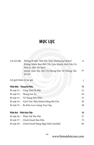 MỤC LỤC
Những Bí Mật “Hội Phù Thủy Marketing Online”
Không Muốn Bạn Biết (Và: Liệu Quyển Sách Này Có
Phải Là Một Trò Bịp?)
Quyển Sách Này Nói (Và Không Nói) Về Những Vấn
Đề Gì?
Lời nói đầu
Lời giới thiệu từ tác giả
Bí mật #1 :
Bí mật #6 :
Bí mật #2 :
Bí mật #7 :
Bí mật #3 :
Bí mật #8 :
Bí mật #4 :
Bí mật #5 :
Công Thức Bí Mật
Nhân Vật Thu Hút
Thang Giá Trị
Chuỗi Email Ban Đầu
Từ Thang Đến Phễu
Chuỗi Email Hàng Ngày Kiểu Seinfeld
Cách Tìm Thấy Khách Hàng Mơ Ước
Ba Kiểu Lưu Lượng Truy Cập
Phần Một: Thang Và Phễu
Phần Hai: Phễu Giao Tiếp
xi
xv
1
13
57
20
72
vii
33
86
38
48
11
55
www.bimatdotcom.com
 