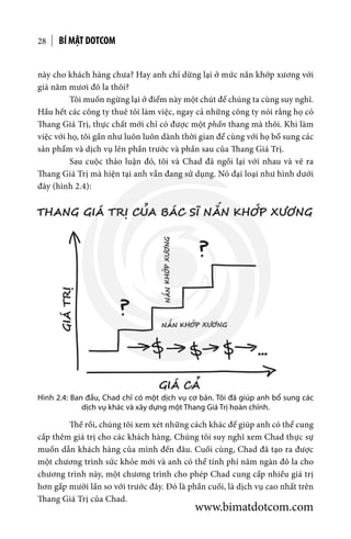 BÍ MẬT DOTCOM28
Hình 2.4: Ban đầu, Chad chỉ có một dịch vụ cơ bản. Tôi đã giúp anh bổ sung các
dịch vụ khác và xây dựng một Thang Giá Trị hoàn chỉnh.
	 Thế rồi, chúng tôi xem xét những cách khác để giúp anh có thể cung
cấp thêm giá trị cho các khách hàng. Chúng tôi suy nghĩ xem Chad thực sự
muốn dẫn khách hàng của mình đến đâu. Cuối cùng, Chad đã tạo ra được
một chương trình sức khỏe mới và anh có thể tính phí năm ngàn đô la cho
chương trình này, một chương trình cho phép Chad cung cấp nhiều giá trị
hơn gấp mười lần so với trước đây. Đó là phần cuối, là dịch vụ cao nhất trên
Thang Giá Trị của Chad.
này cho khách hàng chưa? Hay anh chỉ dừng lại ở mức nắn khớp xương với
giá năm mươi đô la thôi?
	 Tôi muốn ngừng lại ở điểm này một chút để chúng ta cùng suy nghĩ.
Hầu hết các công ty thuê tôi làm việc, ngay cả những công ty nói rằng họ có
Thang Giá Trị, thực chất mới chỉ có được một phần thang mà thôi. Khi làm
việc với họ, tôi gần như luôn luôn dành thời gian để cùng với họ bổ sung các
sản phẩm và dịch vụ lên phần trước và phần sau của Thang Giá Trị.
	 Sau cuộc thảo luận đó, tôi và Chad đã ngồi lại với nhau và vẽ ra
Thang Giá Trị mà hiện tại anh vẫn đang sử dụng. Nó đại loại như hình dưới
đây (hình 2.4):
www.bimatdotcom.com
 