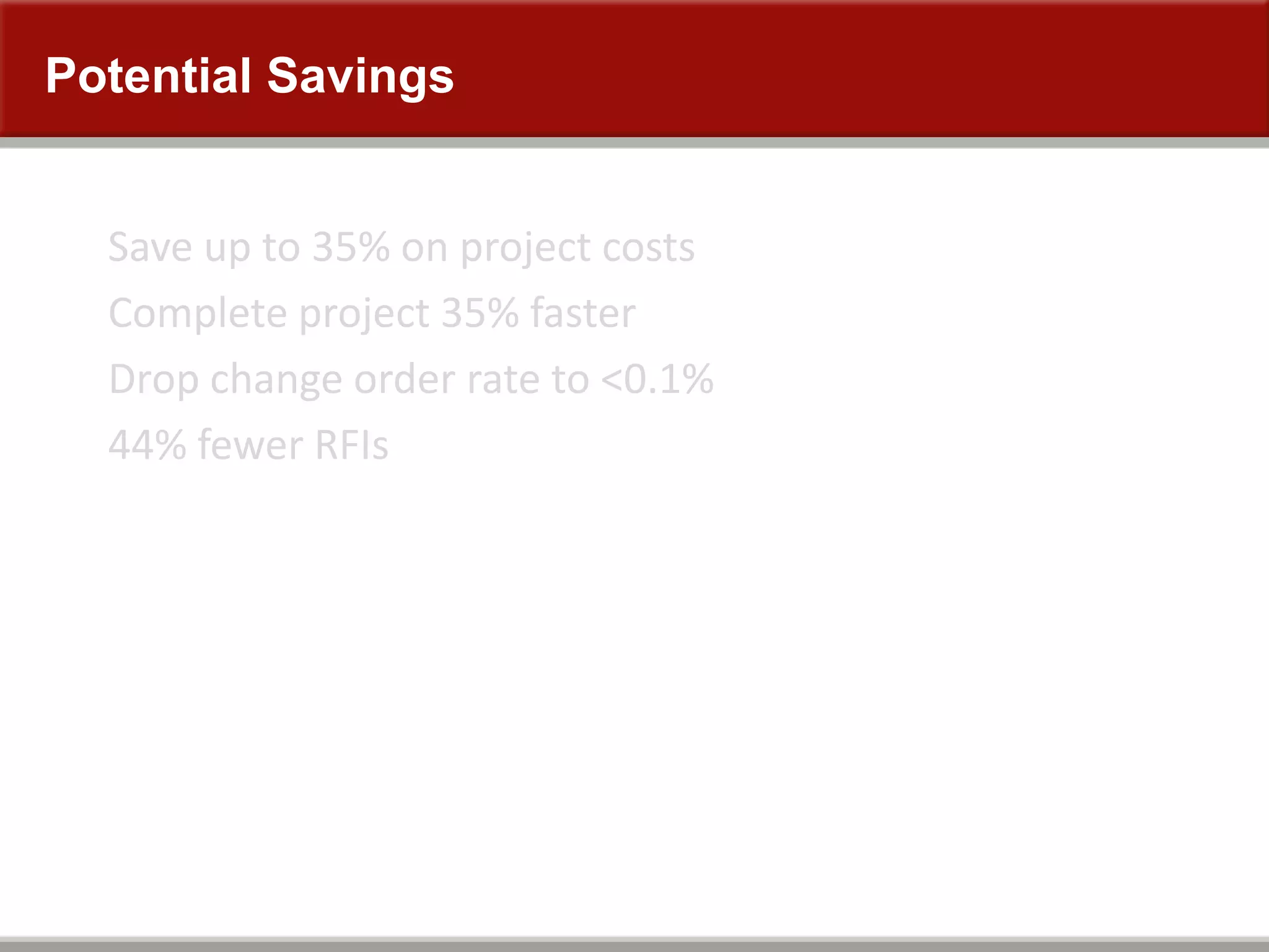 Potential Savings
Save up to 35% on project costs
Complete project 35% faster
Drop change order rate to <0.1%
44% fewer RFIs
 